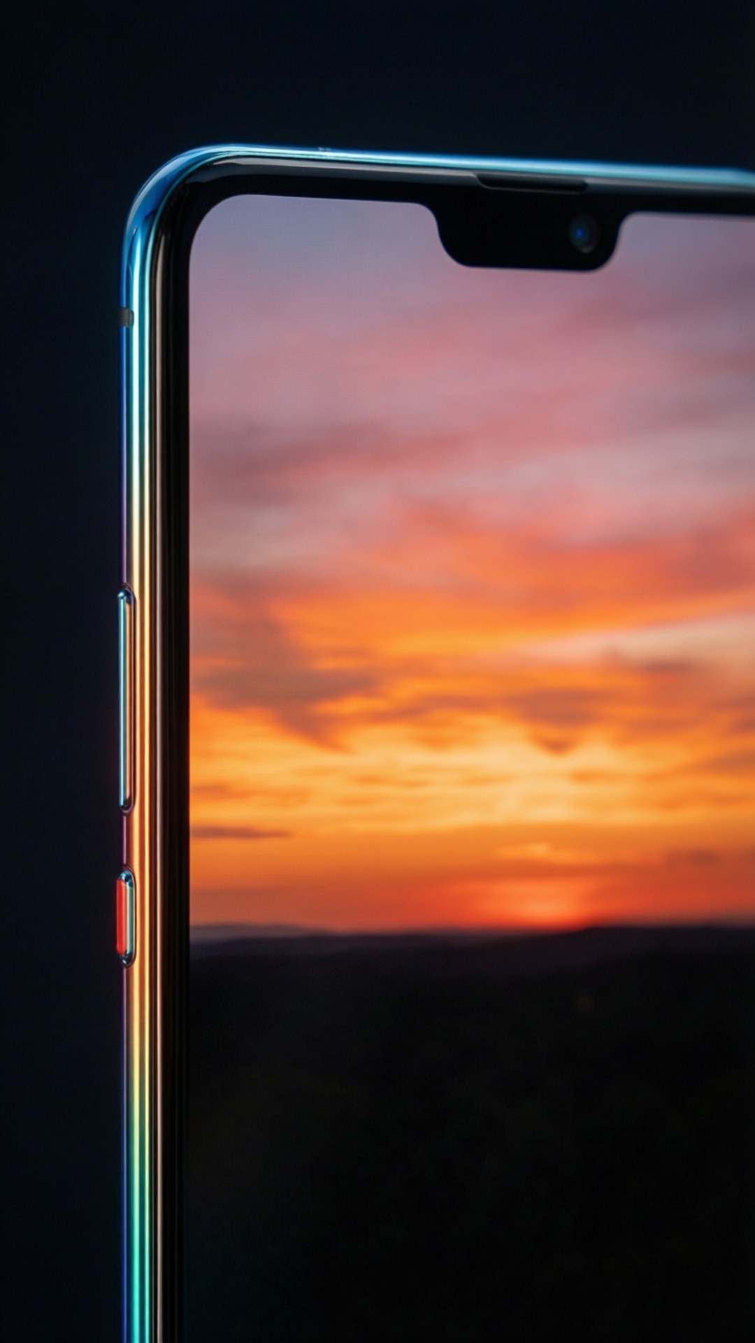 Huawei phone reflecting a colorful sunset