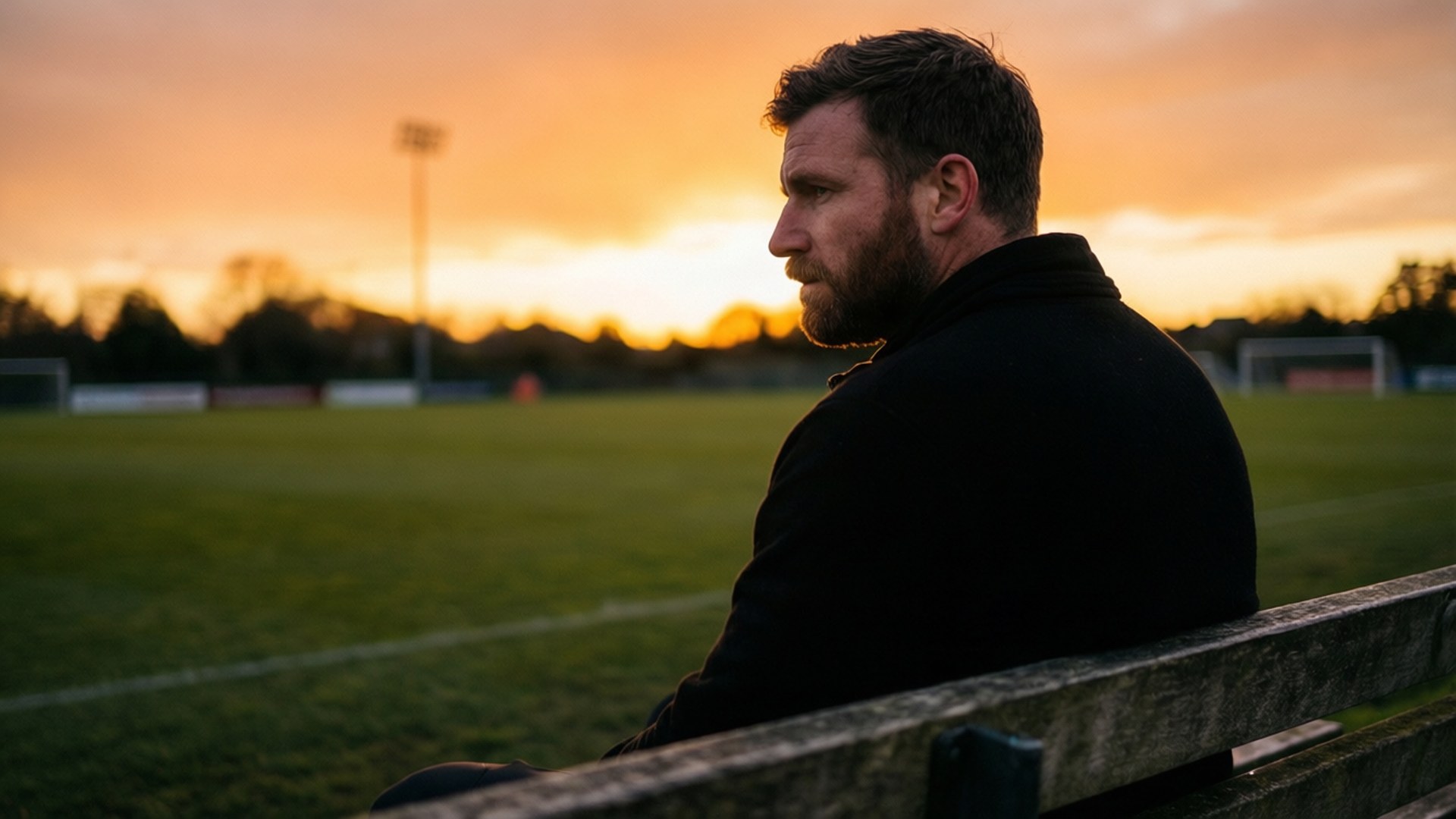 Man sitter på bänk och tittar på solnedgången över sportplanen