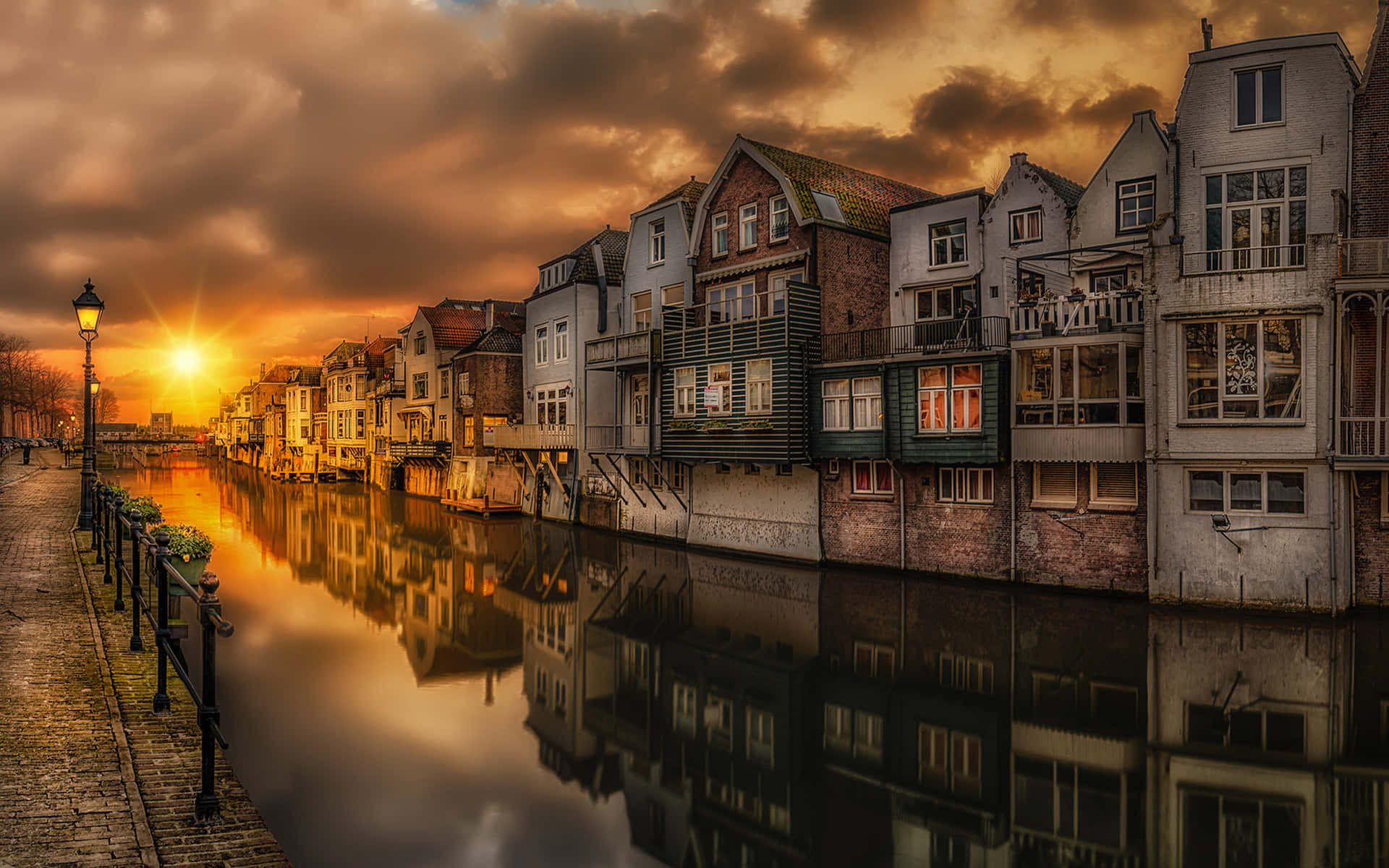Sunset Reflections Old European Town Wallpaper