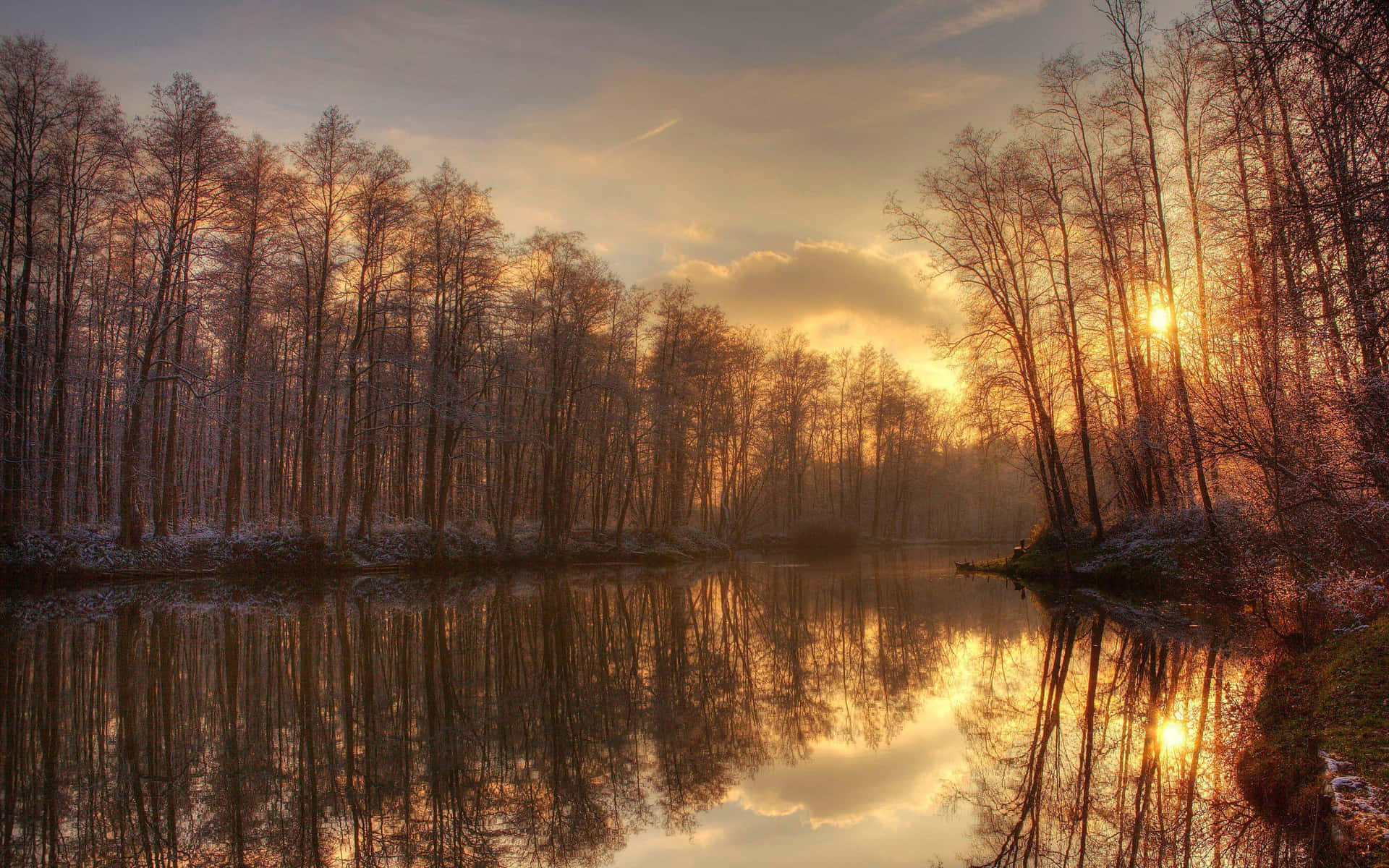 Sunset Reflections Winter Forest Lake Wallpaper
