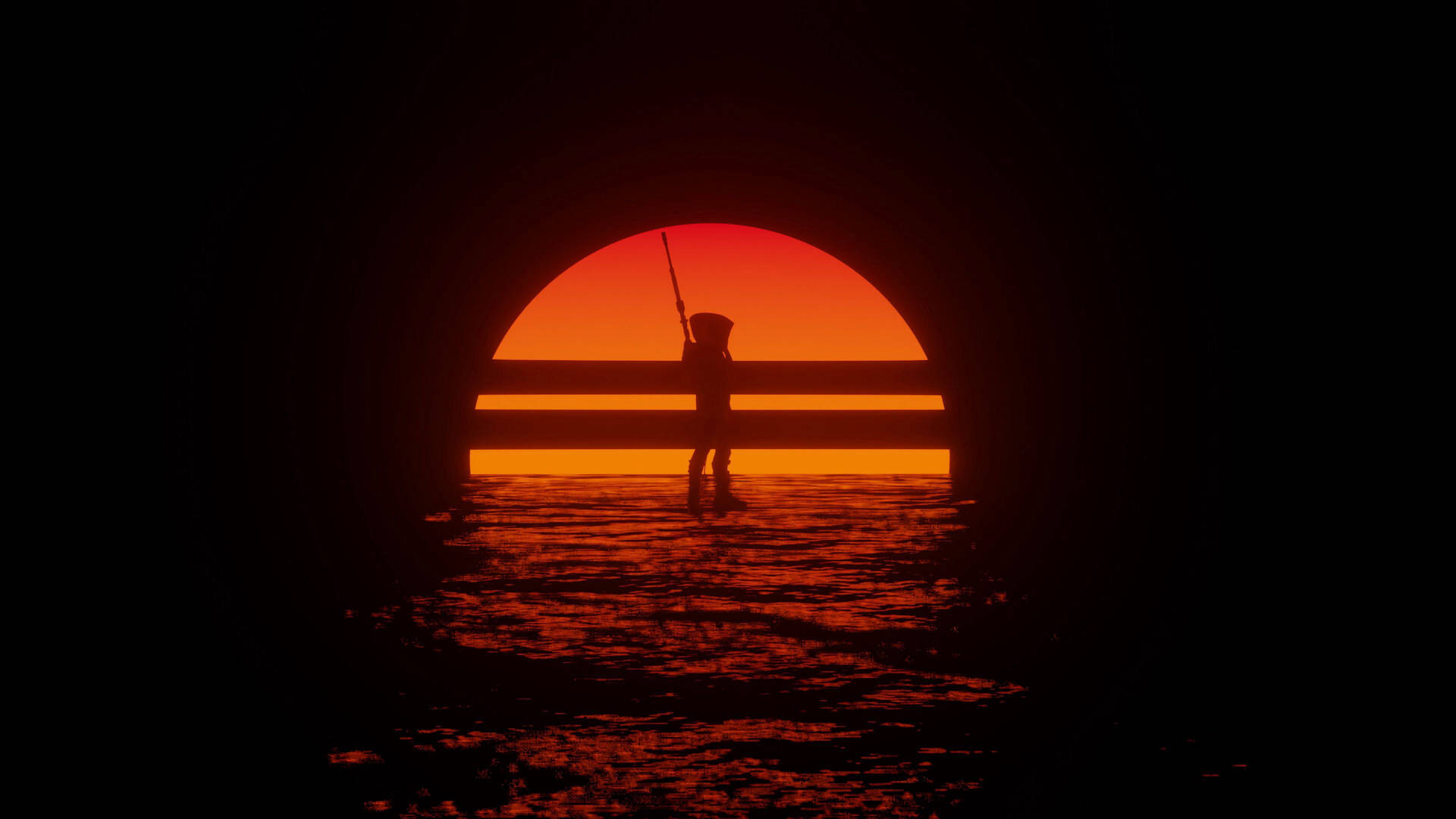 Sunset Retrowave With Boy Shadow Wallpaper