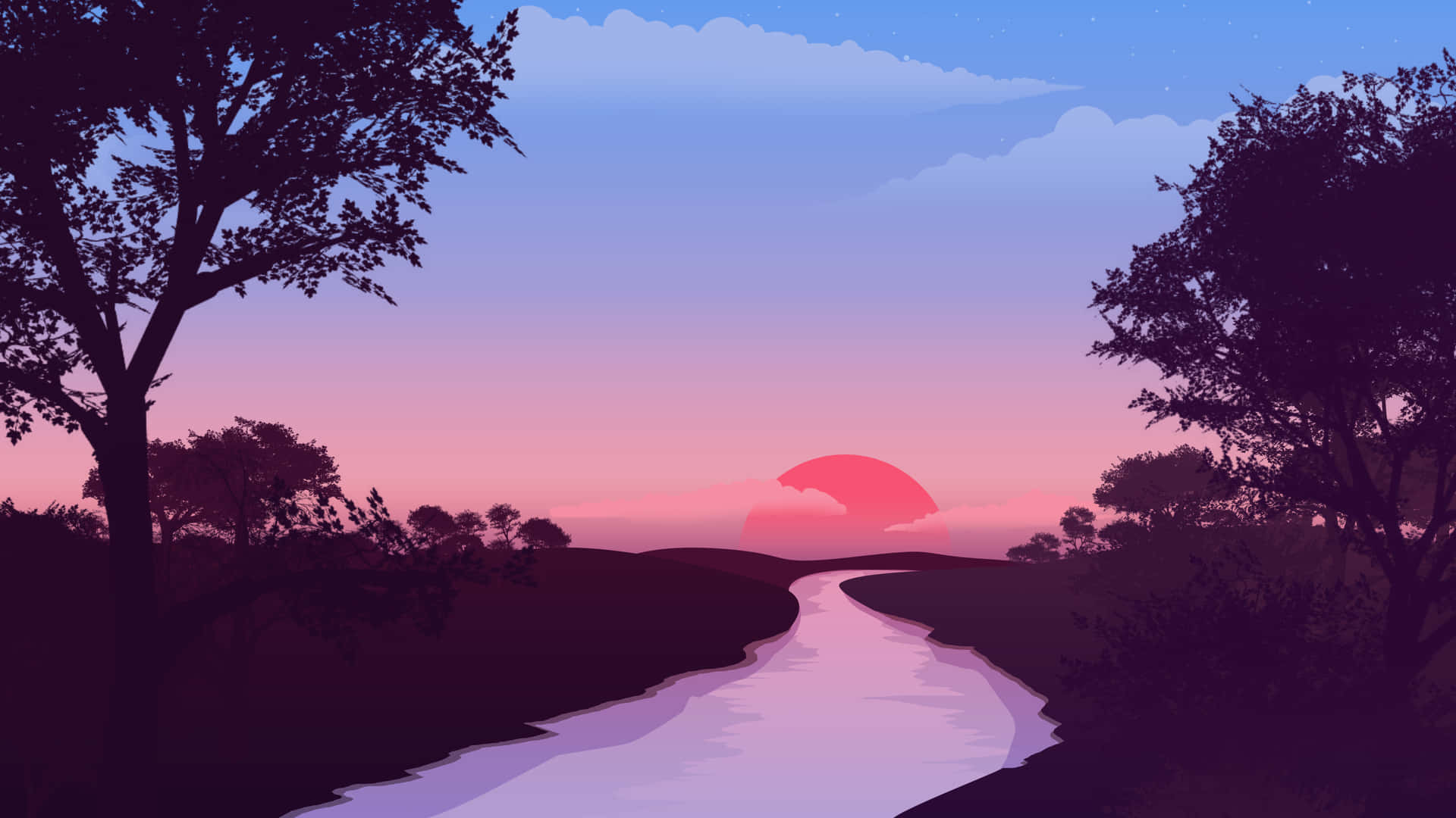 Sunset River Silhouette Artwork Wallpaper