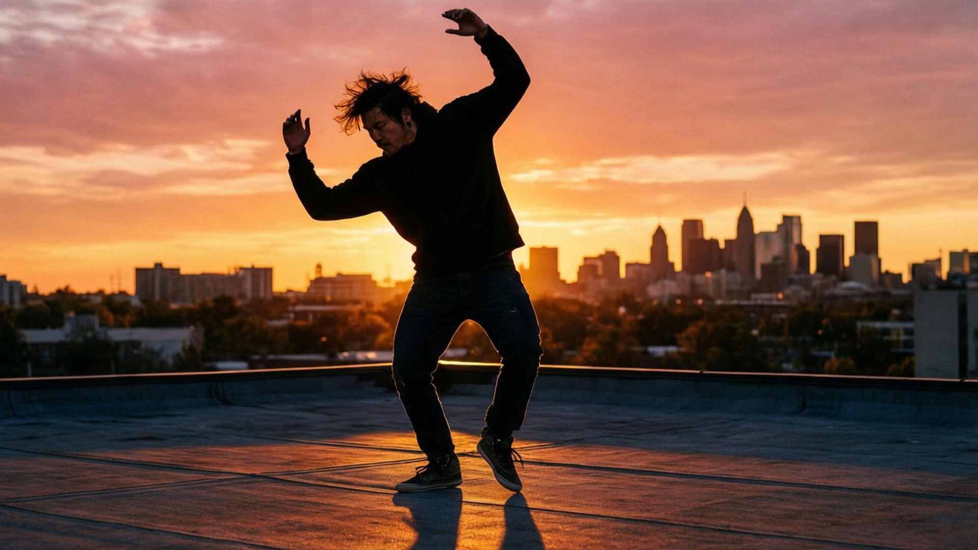 Solnedgang Tagdans Wallpapers — En danser i silhuet springer dynamisk på et tag, mens en levende solnedgang bader byens skyline i varme orange og lyserøde nuancer.