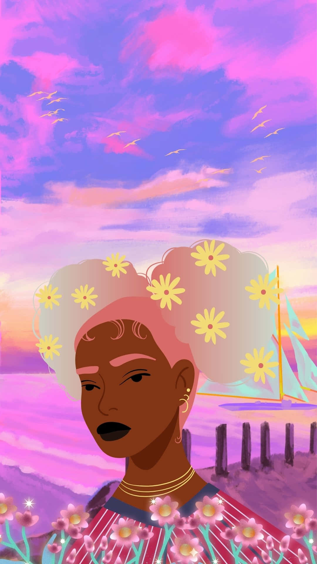 Sunset Sailboatand Floral Hairstyle Artwork Wallpaper