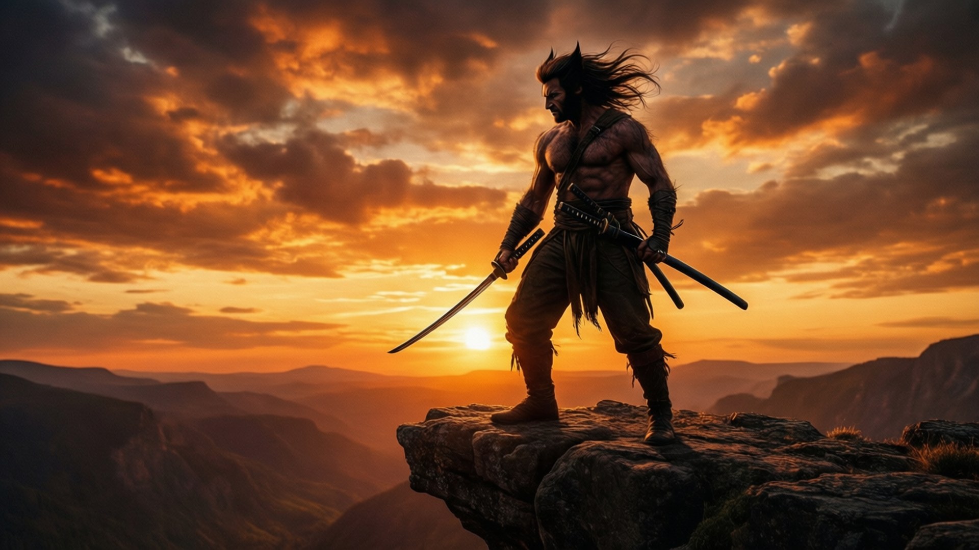 Solnedgangssamurai Wallpapers — Wolverine silhuet ved solnedgang med en katana, der fremkalder hans samurai-side.