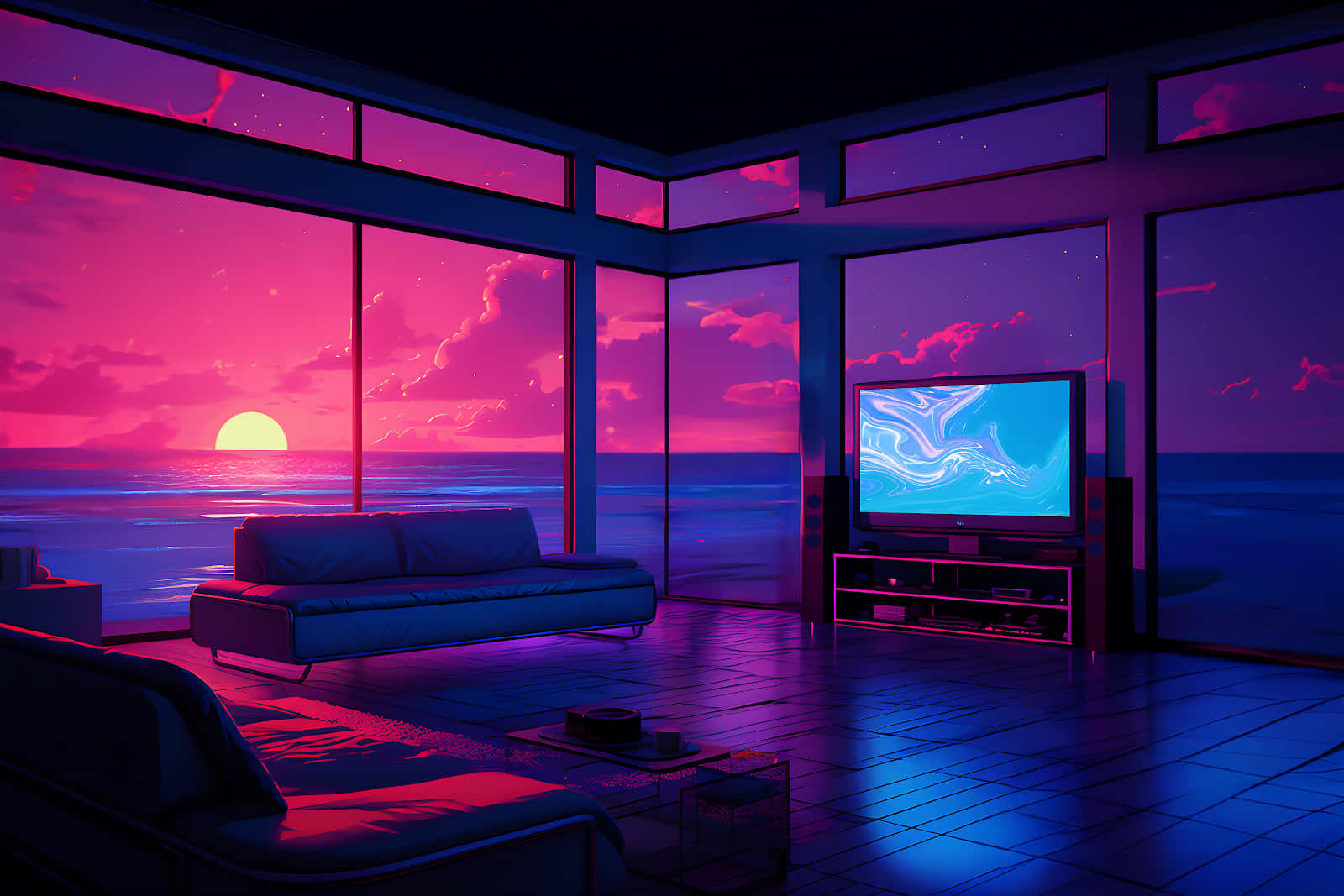 Download Sunset Seaview Living Room Vibes Wallpaper | Wallpapers.com