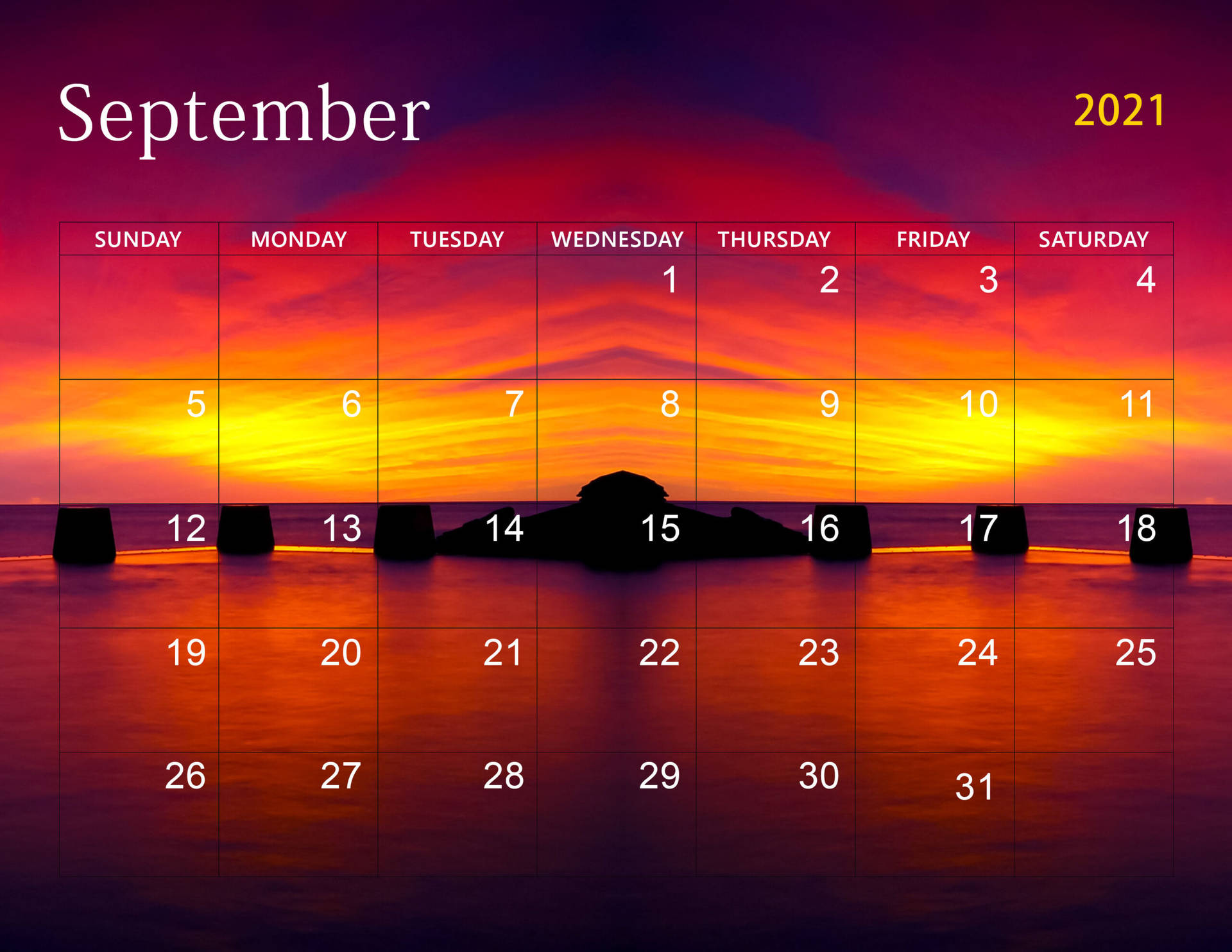 Sunset September Calendar 2021