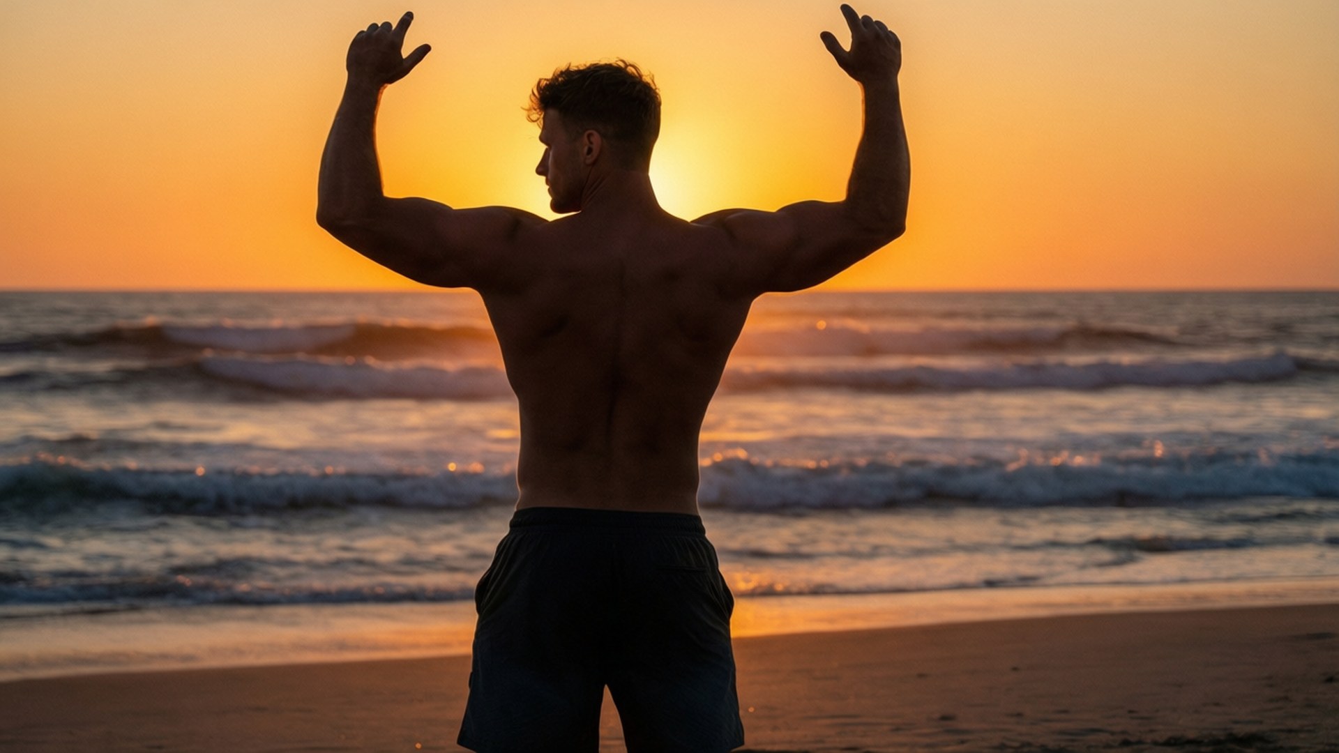 Sam Sulek poserer på en strand under en fantastisk solnedgang, hvilket skaber en dramatisk silhuet.