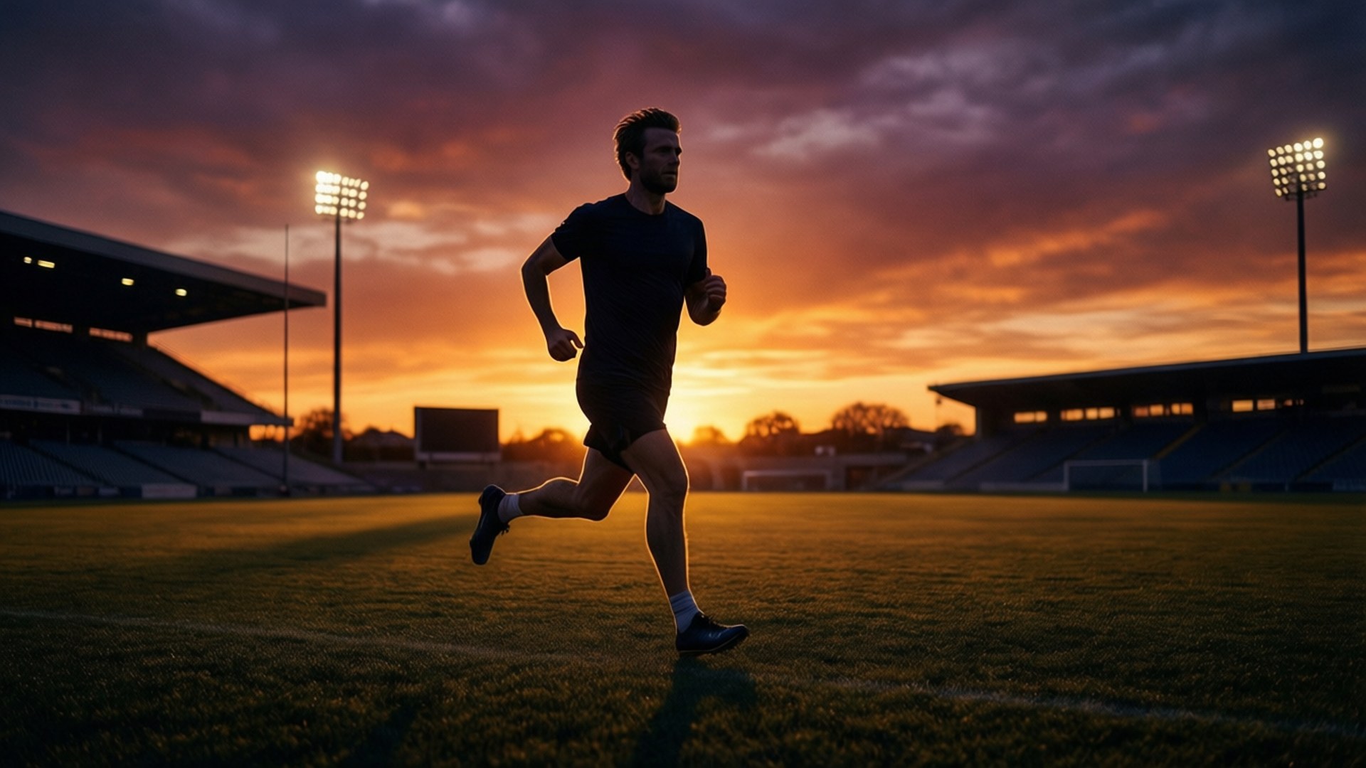 Silhuett av Luke Musgrave som springer vid solnedgång med stadionljus, minimalistisk digital konst