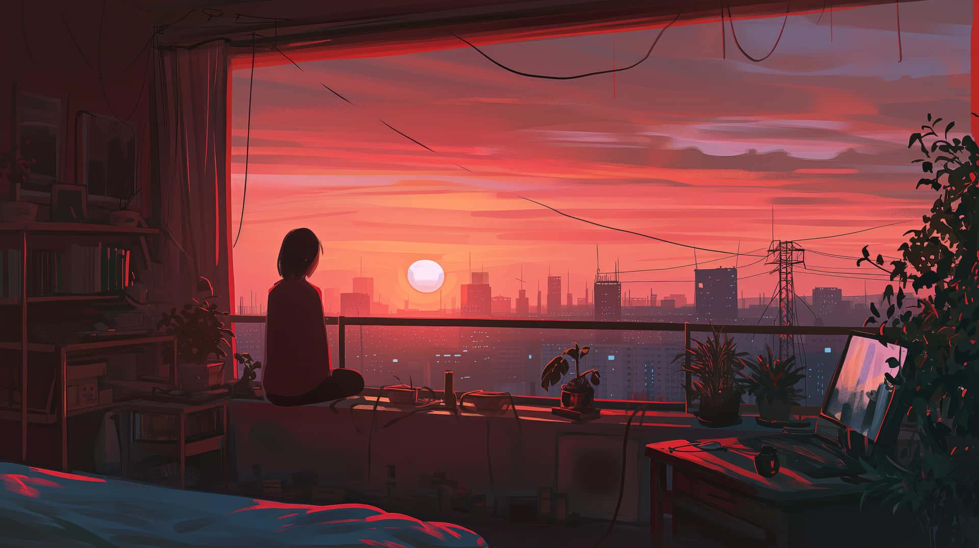 Sunset Silhouette Anime Roomscape Wallpaper