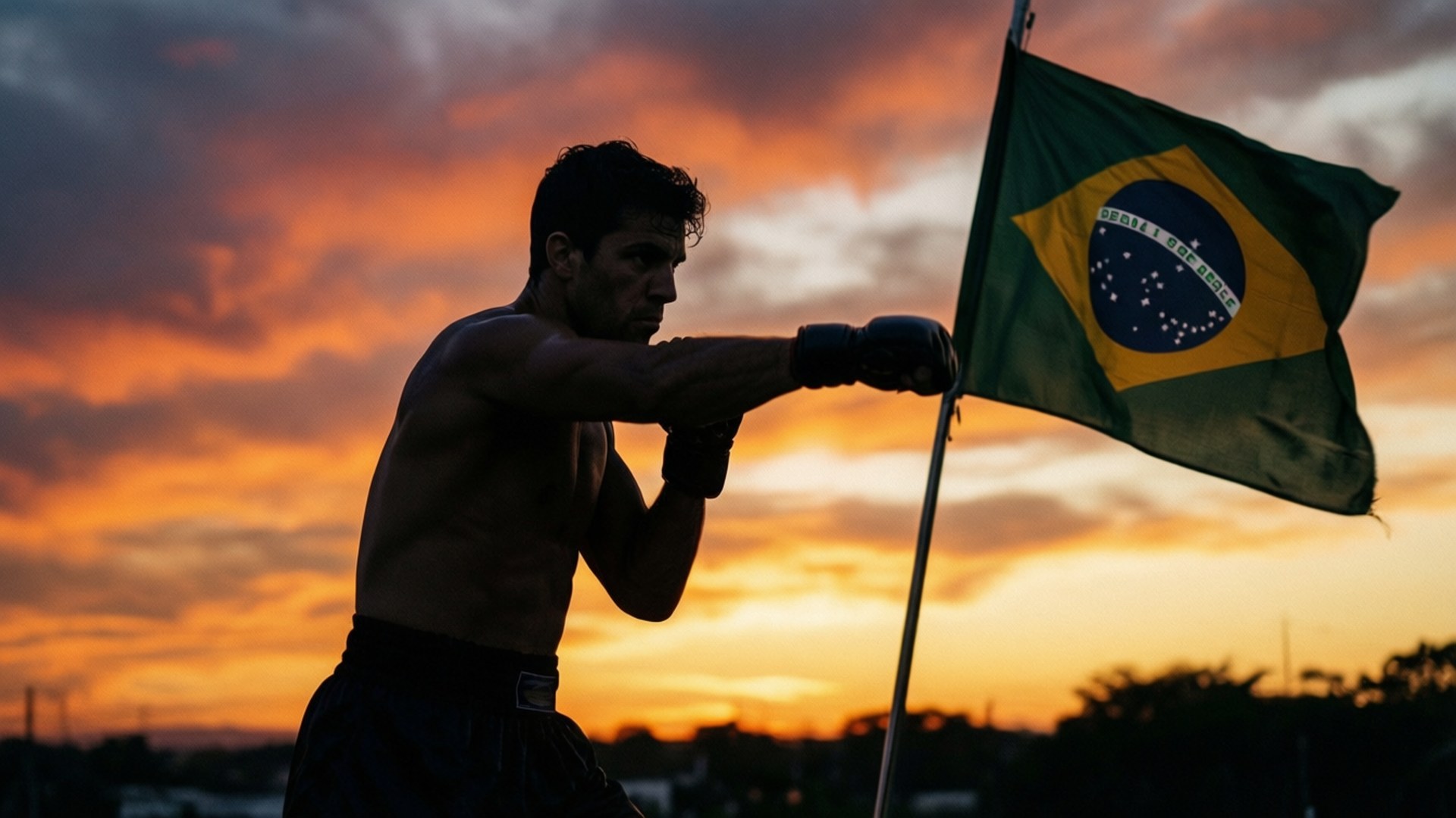 Bokser holder brasiliansk flagg ved solnedgang