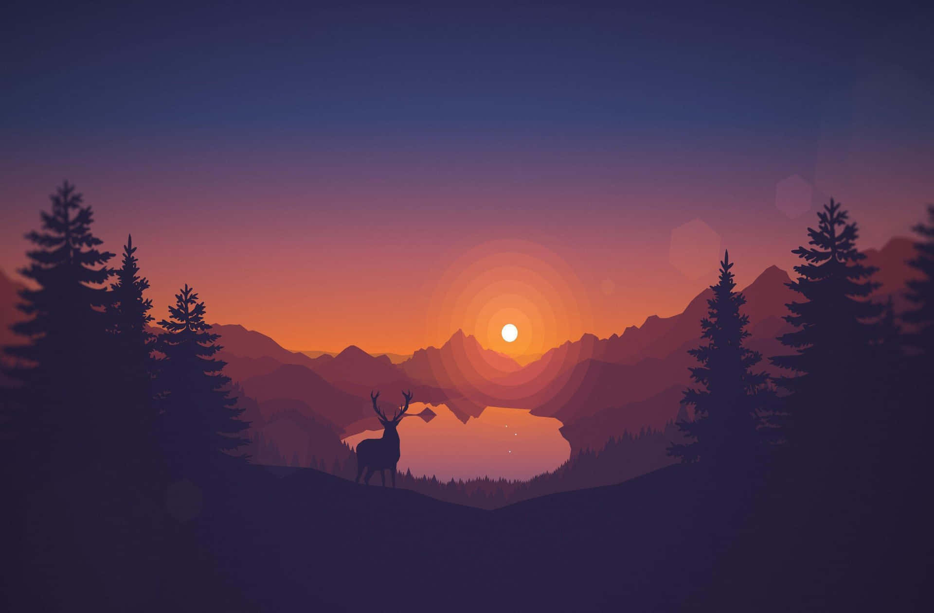 Sunset Silhouette Deer Mountain Landscape Wallpaper