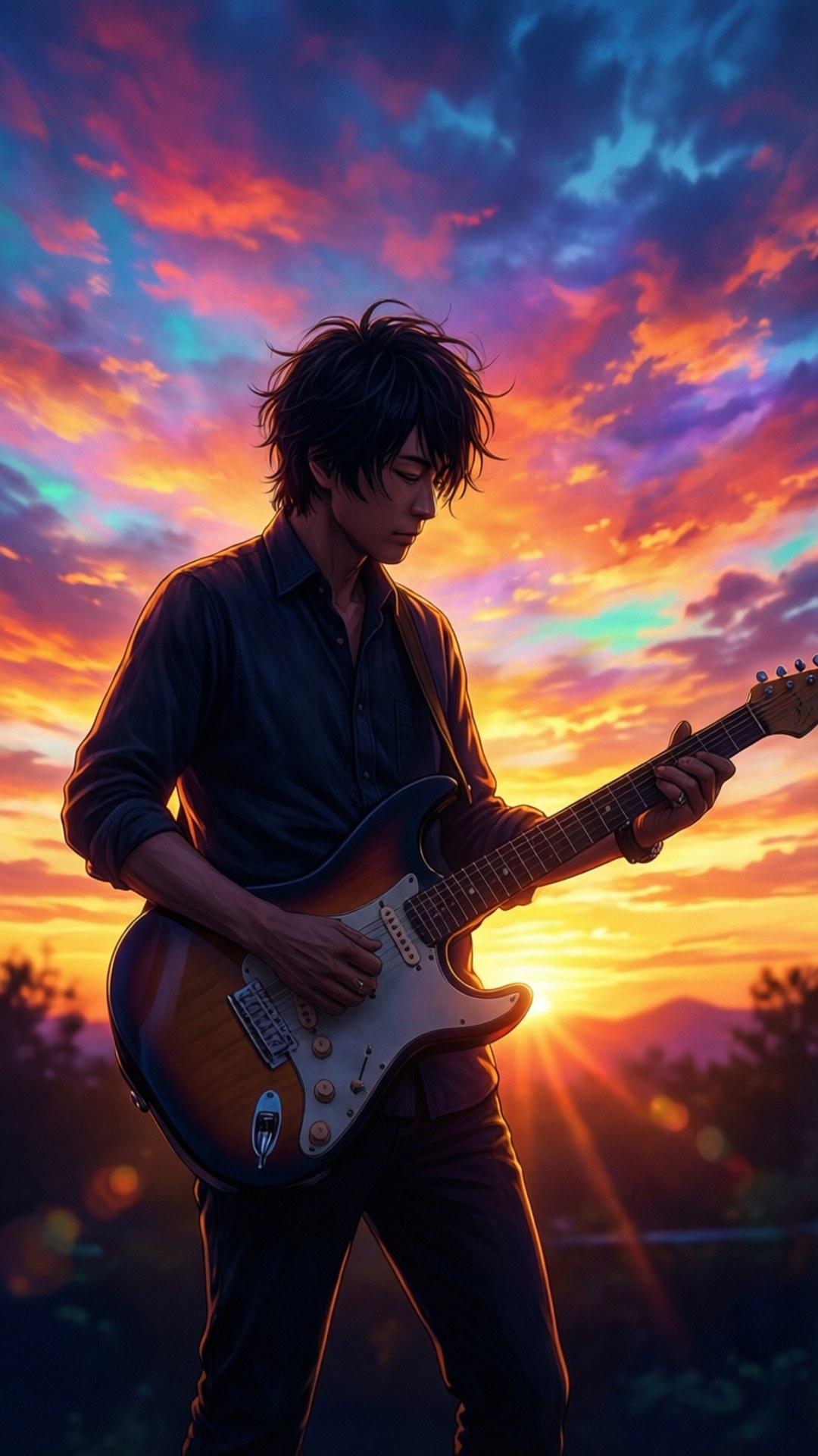 Mafuyu stands with his guitar silhouetted against a colorful sunset.