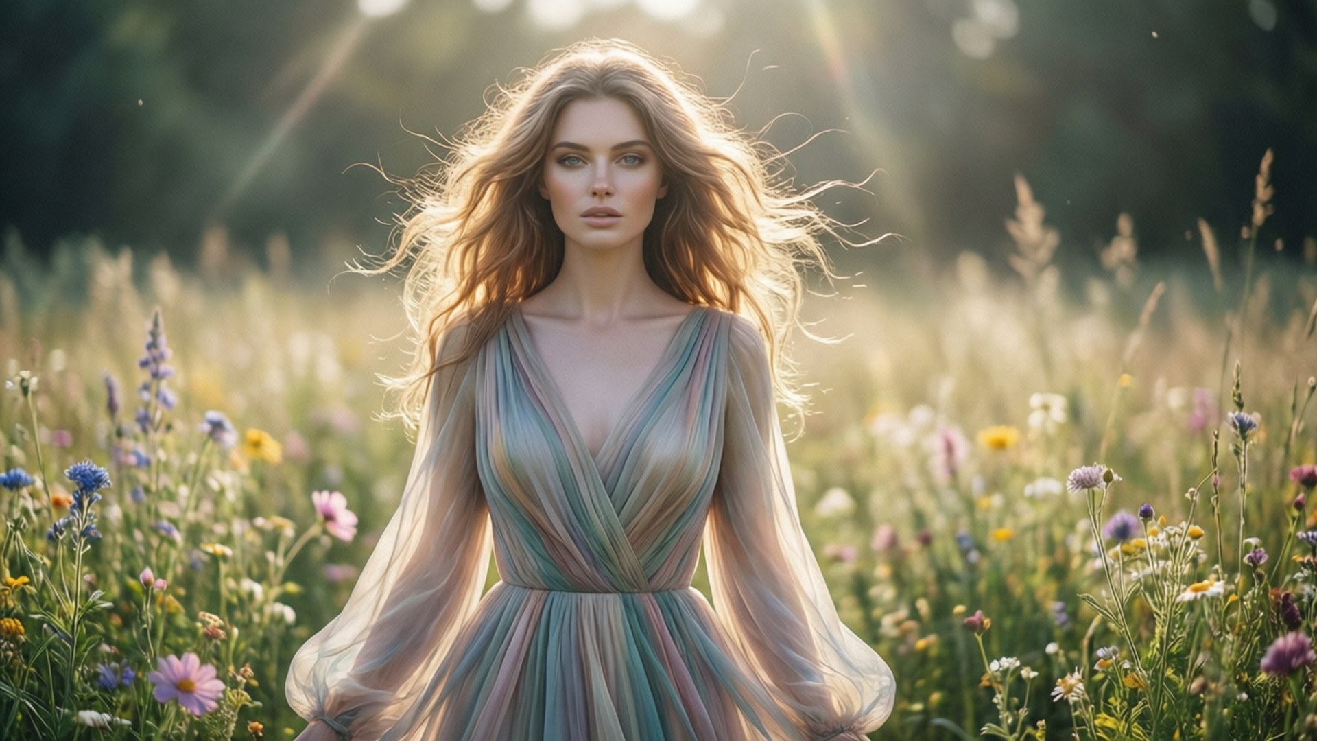 Olivia Dejonge i et solbelyst felt med blomster, eterisk glød