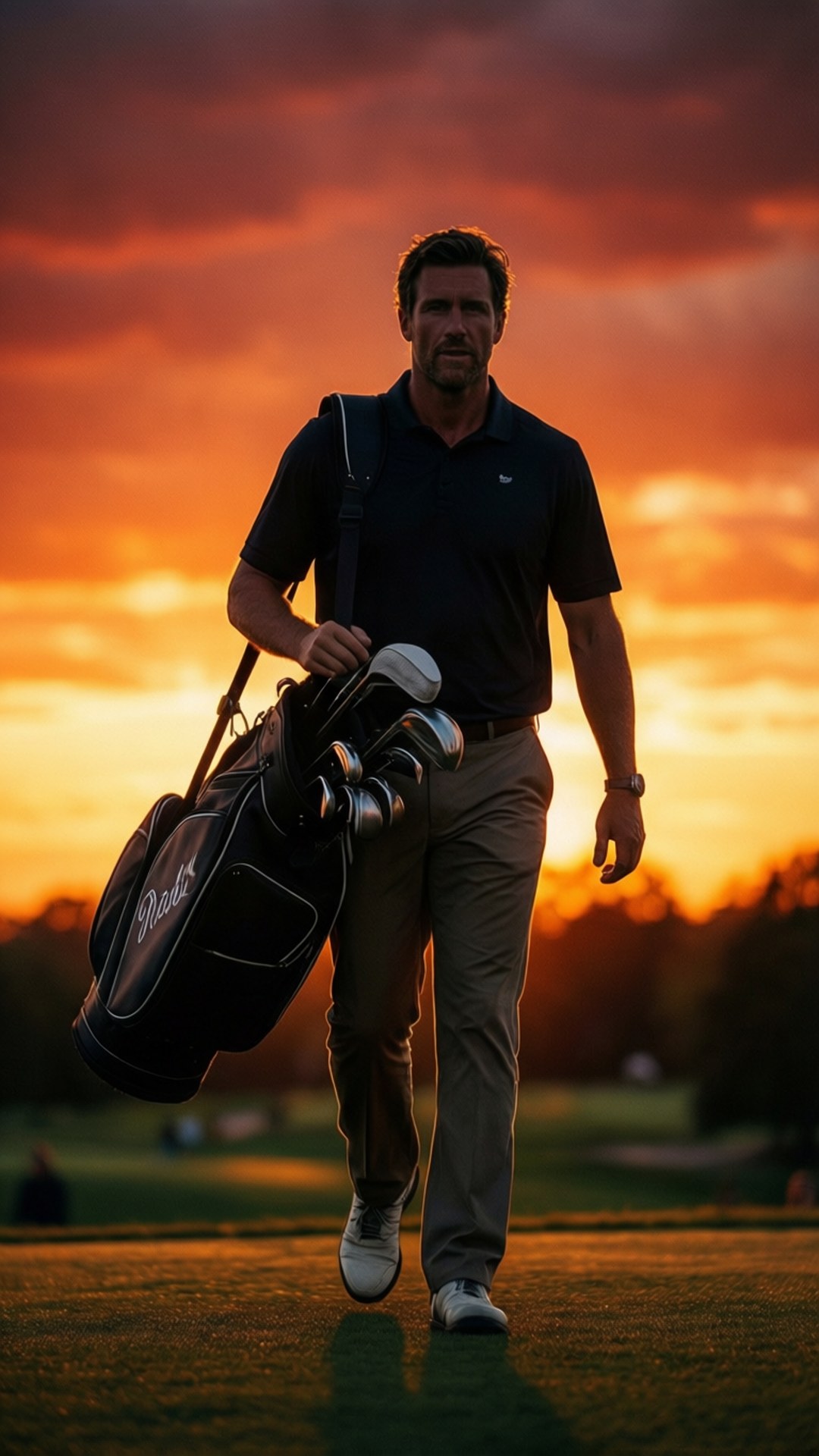 Brendon Todd siluet dengan latar matahari terbenam yang dramatis sambil membawa stik golf.