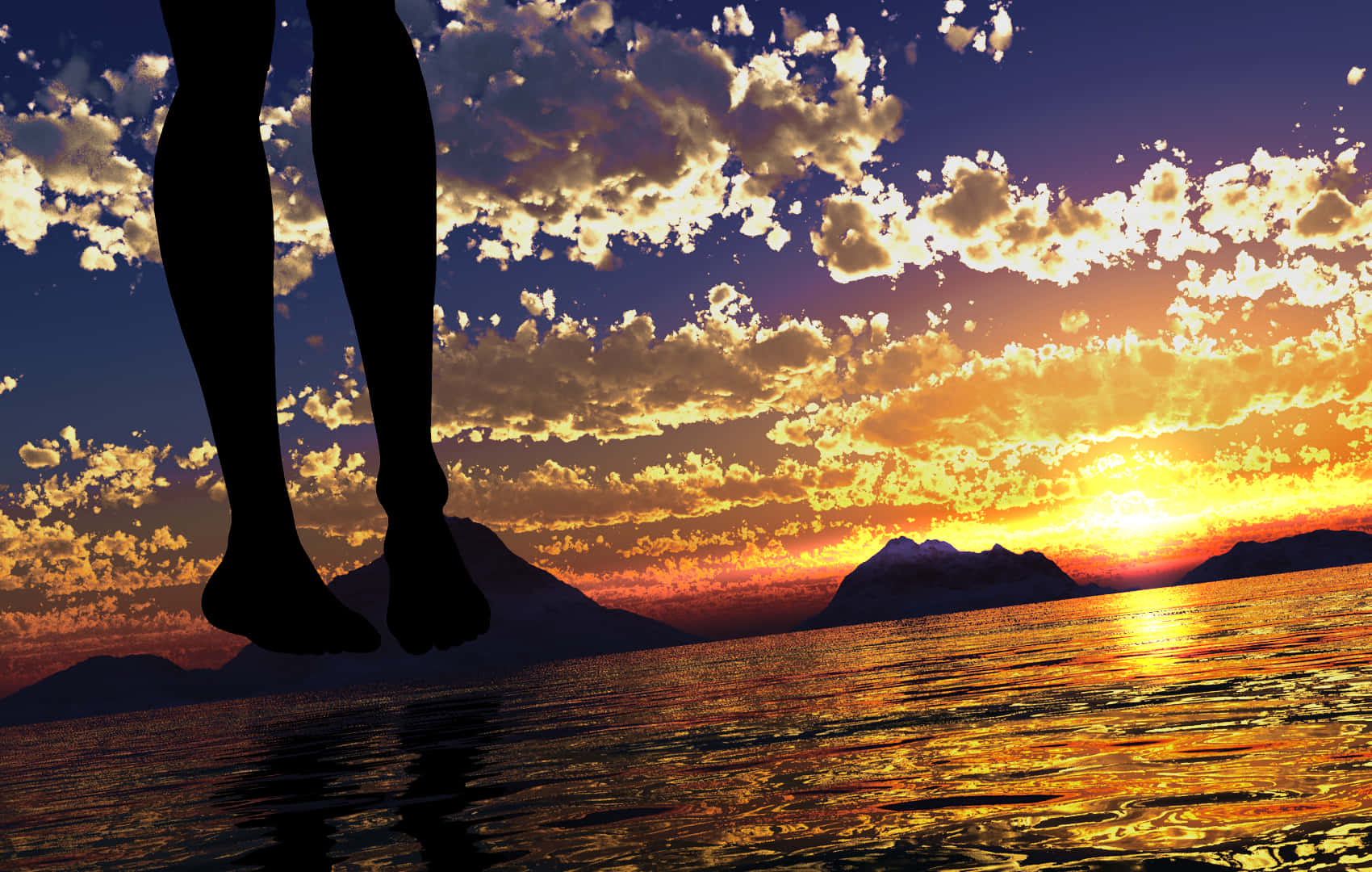 Sunset Silhouette Legs Over Water Wallpaper