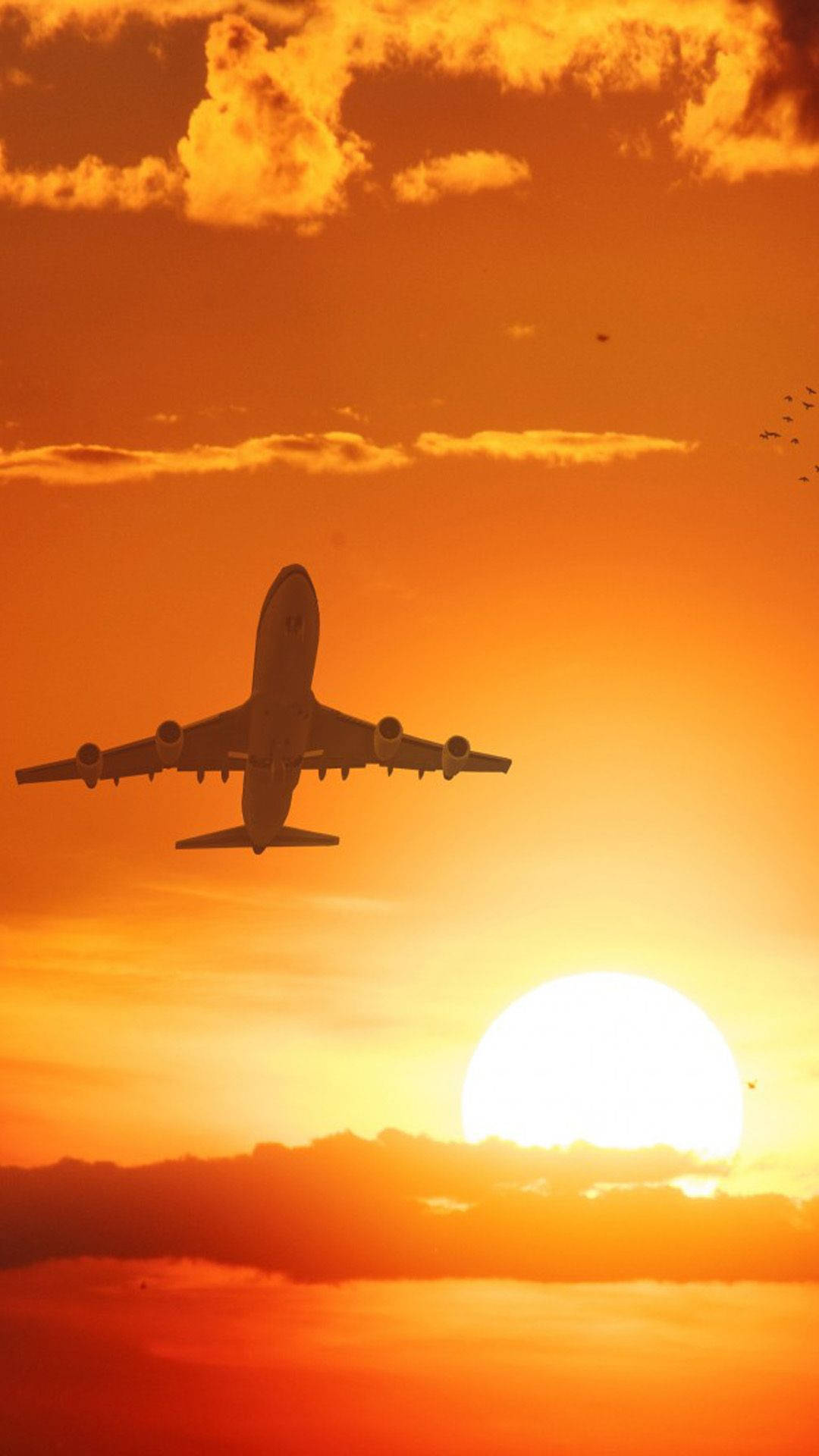 Sunset Silhouette Of Airplane Android Wallpaper