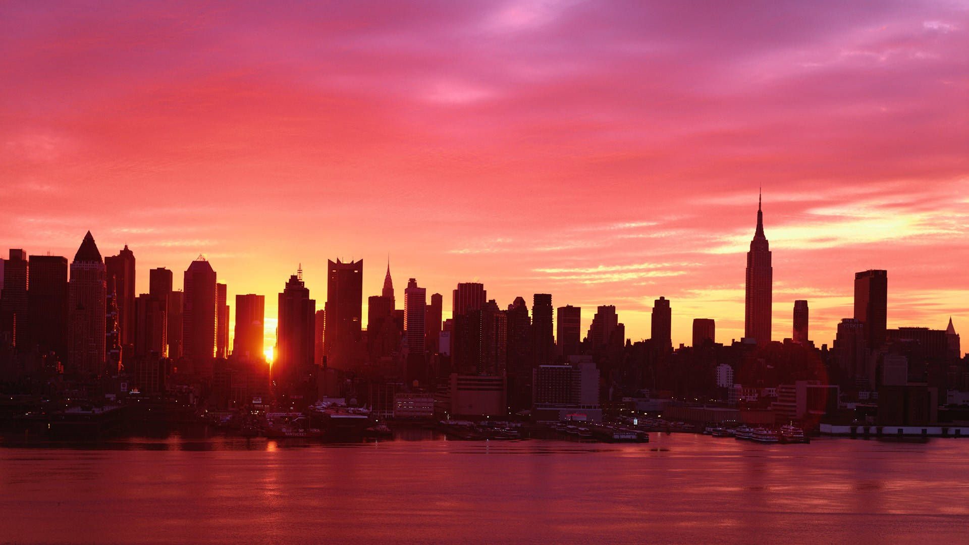 Solnedgang Silhuetter Af New York Computer Wallpaper