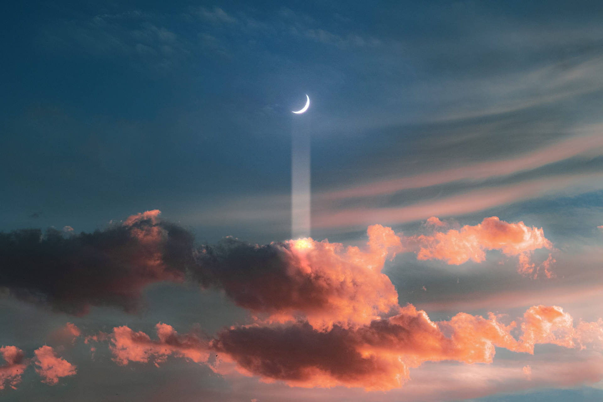 Sunset Sky With Crescent Moon