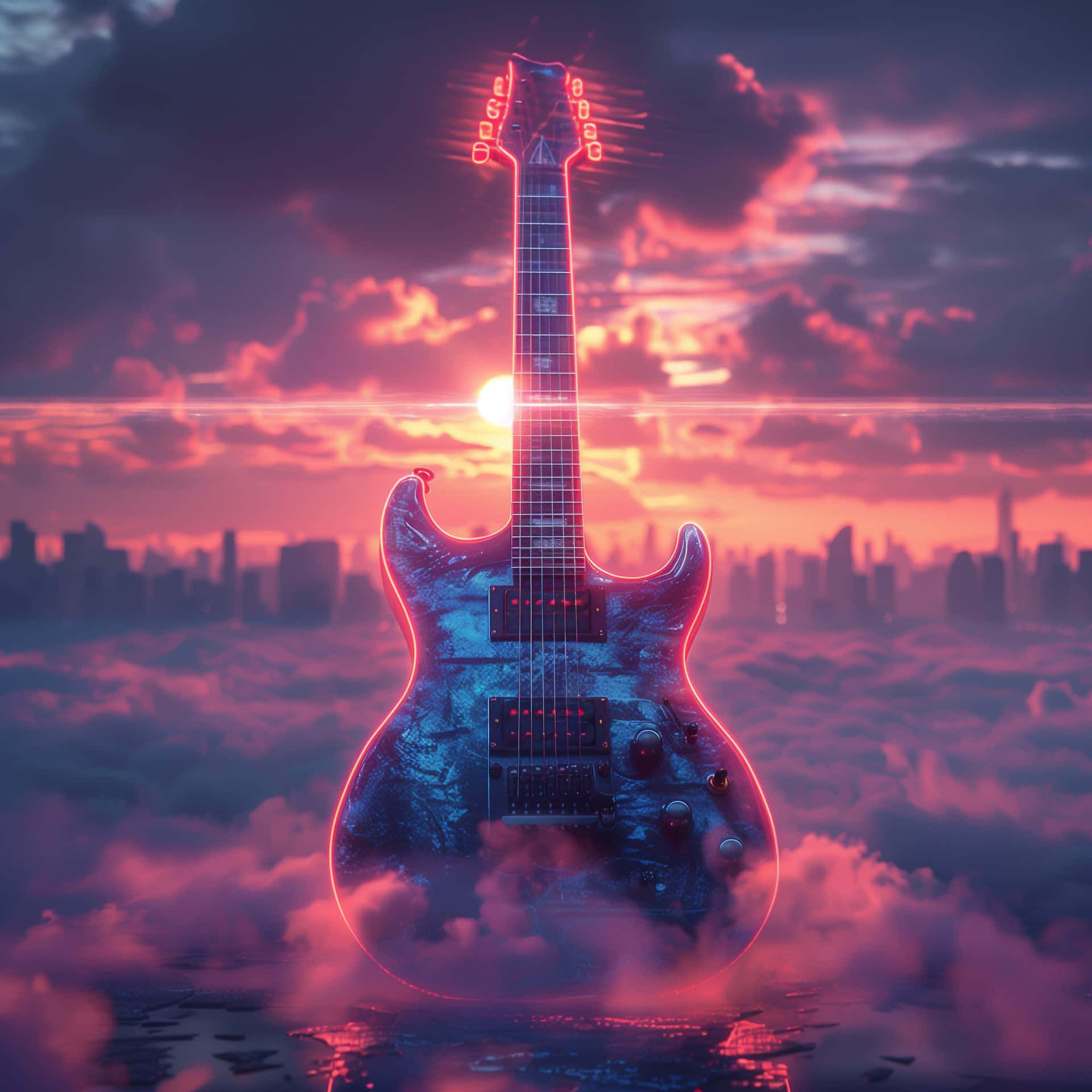 Sunset Skyline Electric Guitar Wallpaper