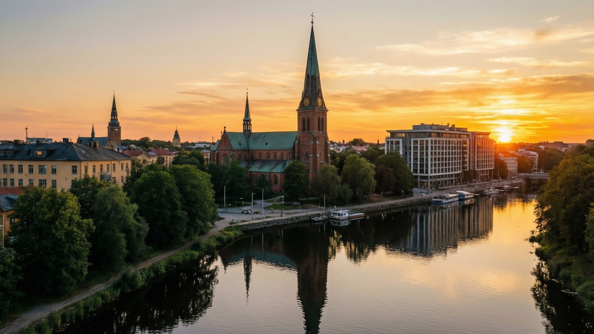 Solnedgang Skyline Reflektion Wallpapers