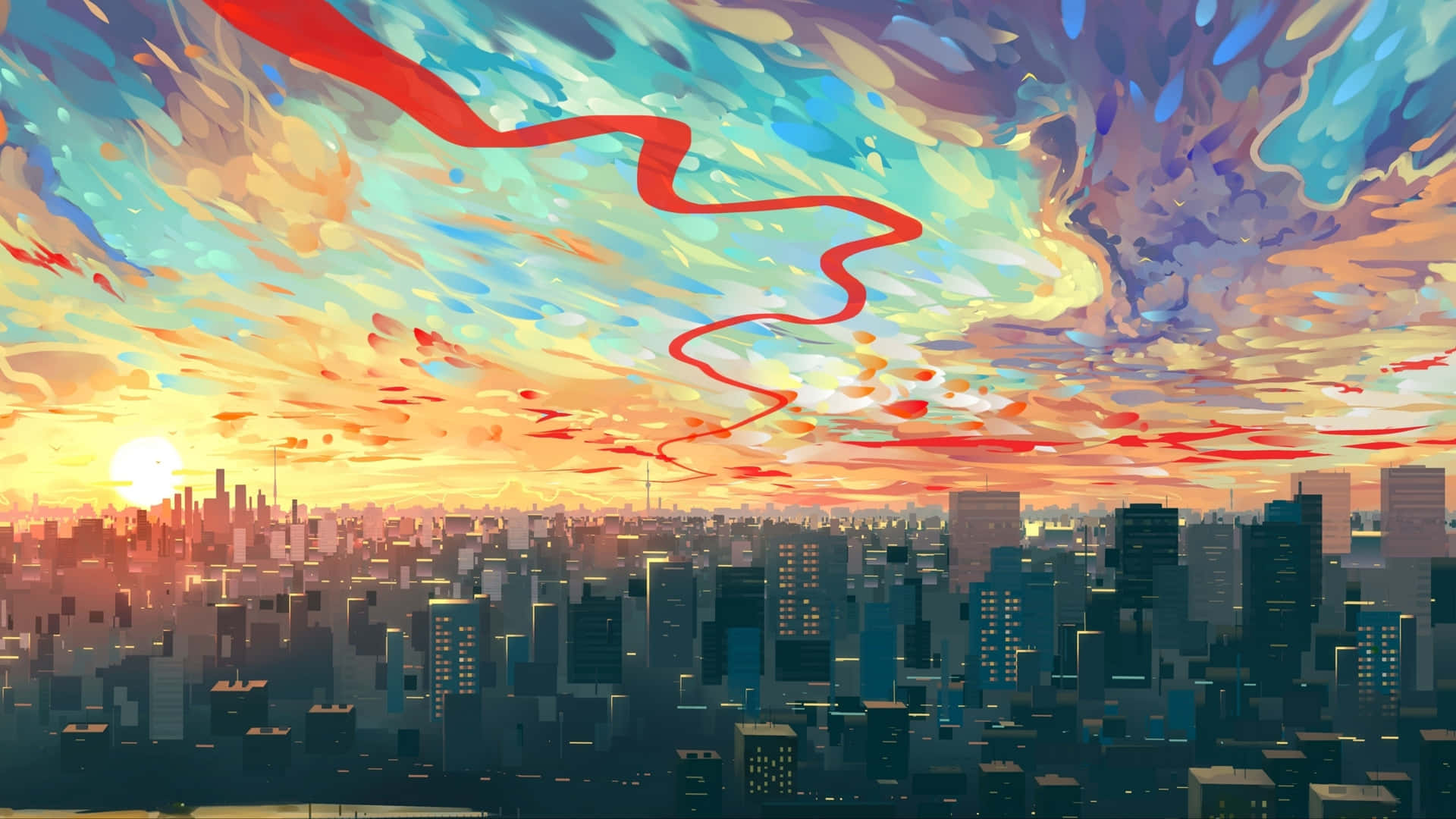 Sunset Skylinewith Red Ribbon Wallpaper