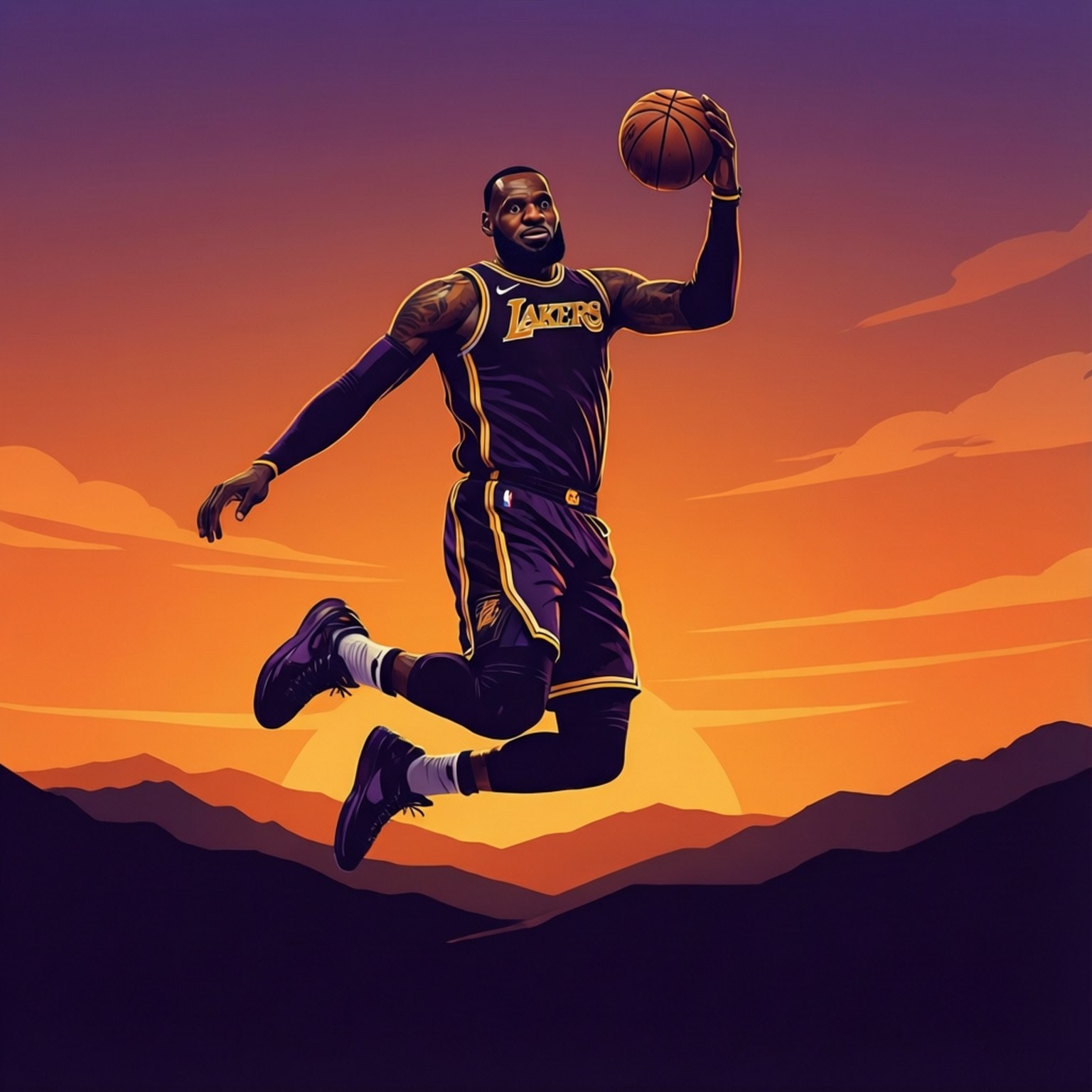 Minimalistinen siluetti LeBron Jamesista hyppäämässä auringonlaskussa.
