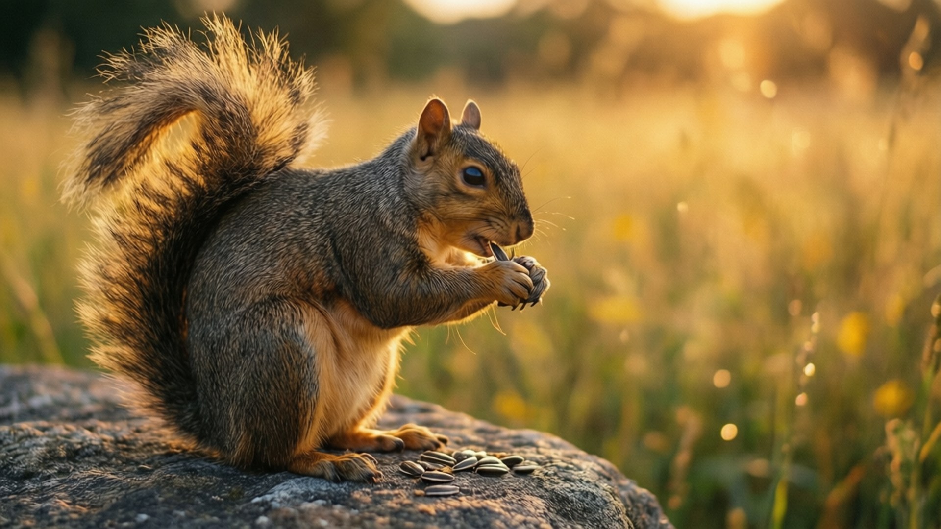 Sonnenuntergang-Snack Hintergrundbilder — Ein Eichhörnchen frisst einen Sonnenblumenkern auf einem Felsen bei Sonnenuntergang.