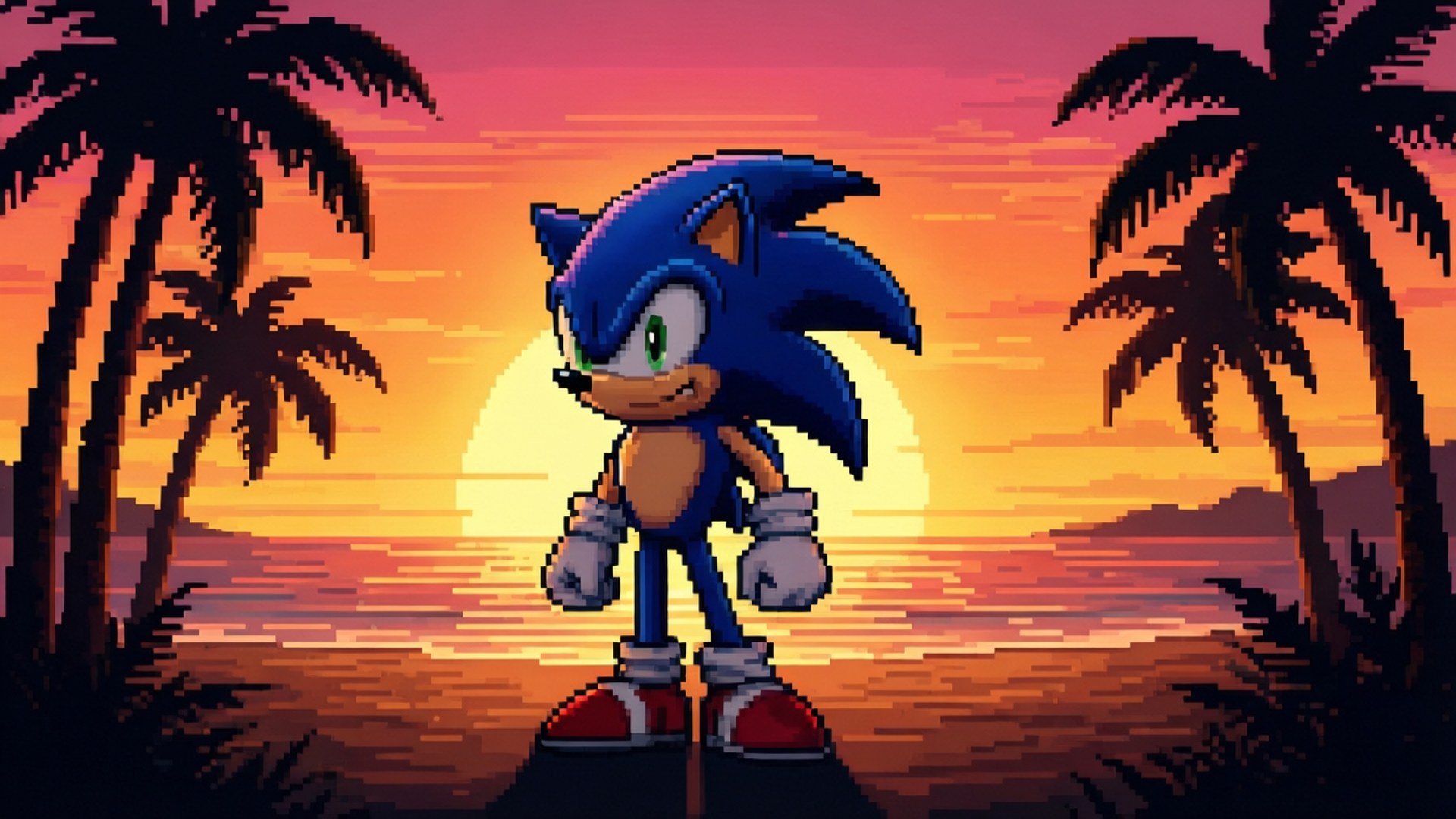 Silhouet van Sonic FNF bij zonsondergang strand scene, pixel art