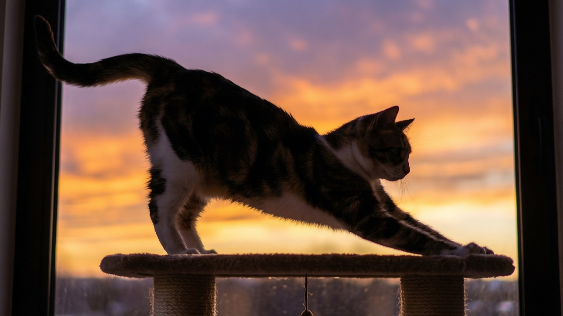 Australsk Mist-katt som strekker seg mot solnedgangsvinduet.