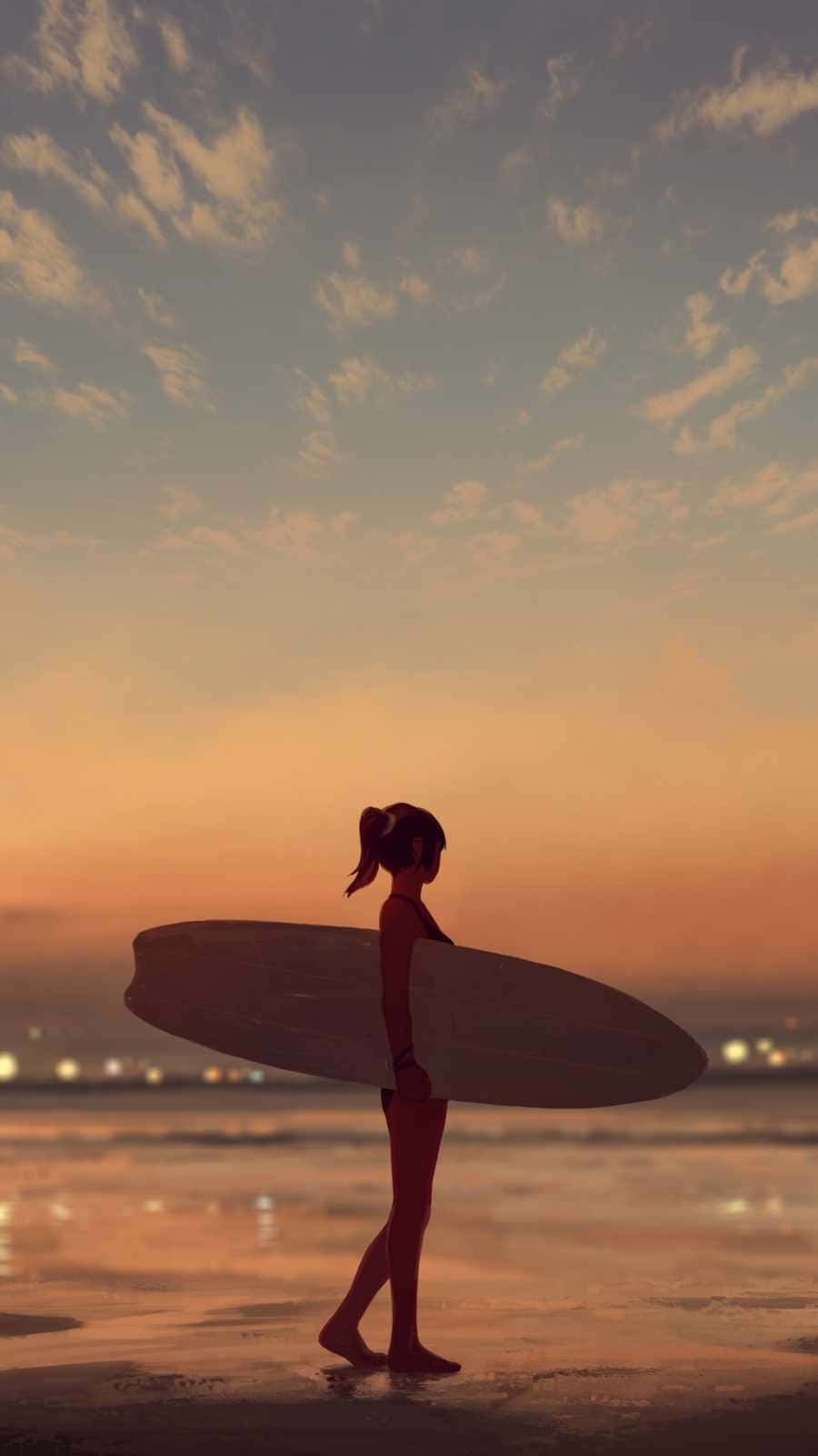 Sunset Surfboard Silhouette Beach Girl Wallpaper
