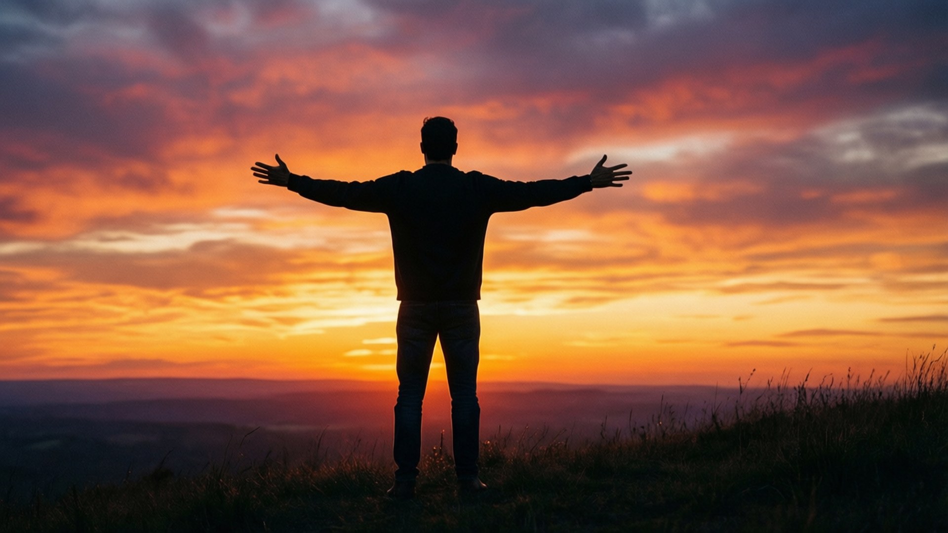 En hellig mand står med åbne arme på en bakketop ved solnedgang.