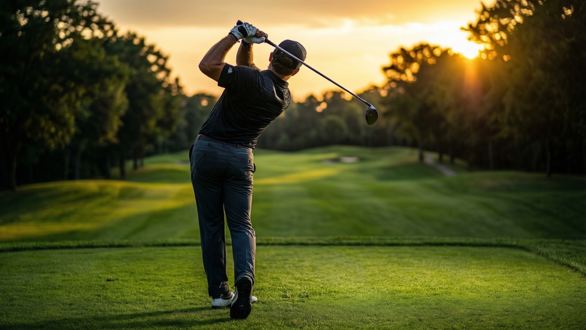 Cam Smith golf sving ved solnedgang med gyldent lys