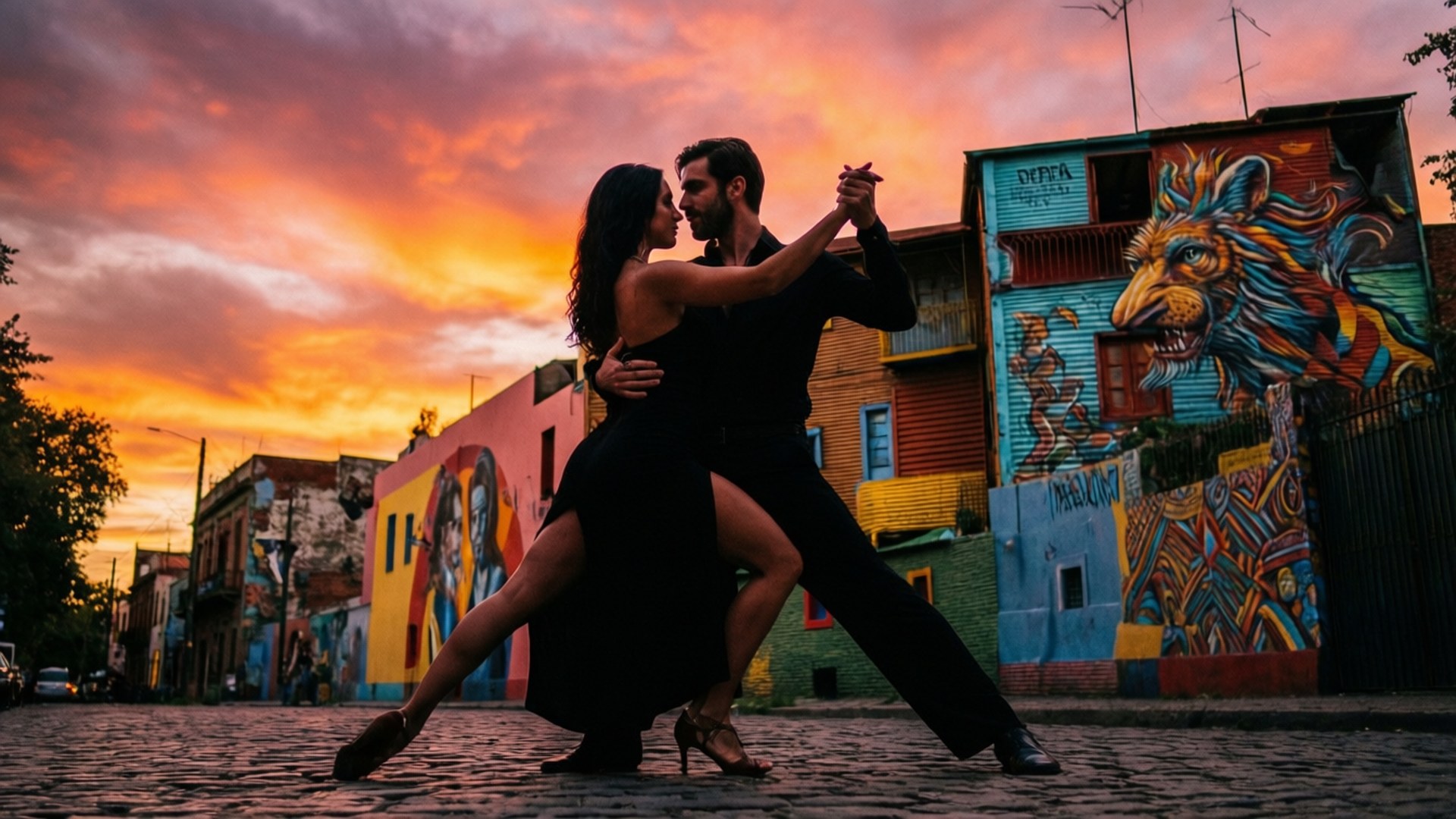 Tango dansere silhuetteret ved solnedgang i La Boca