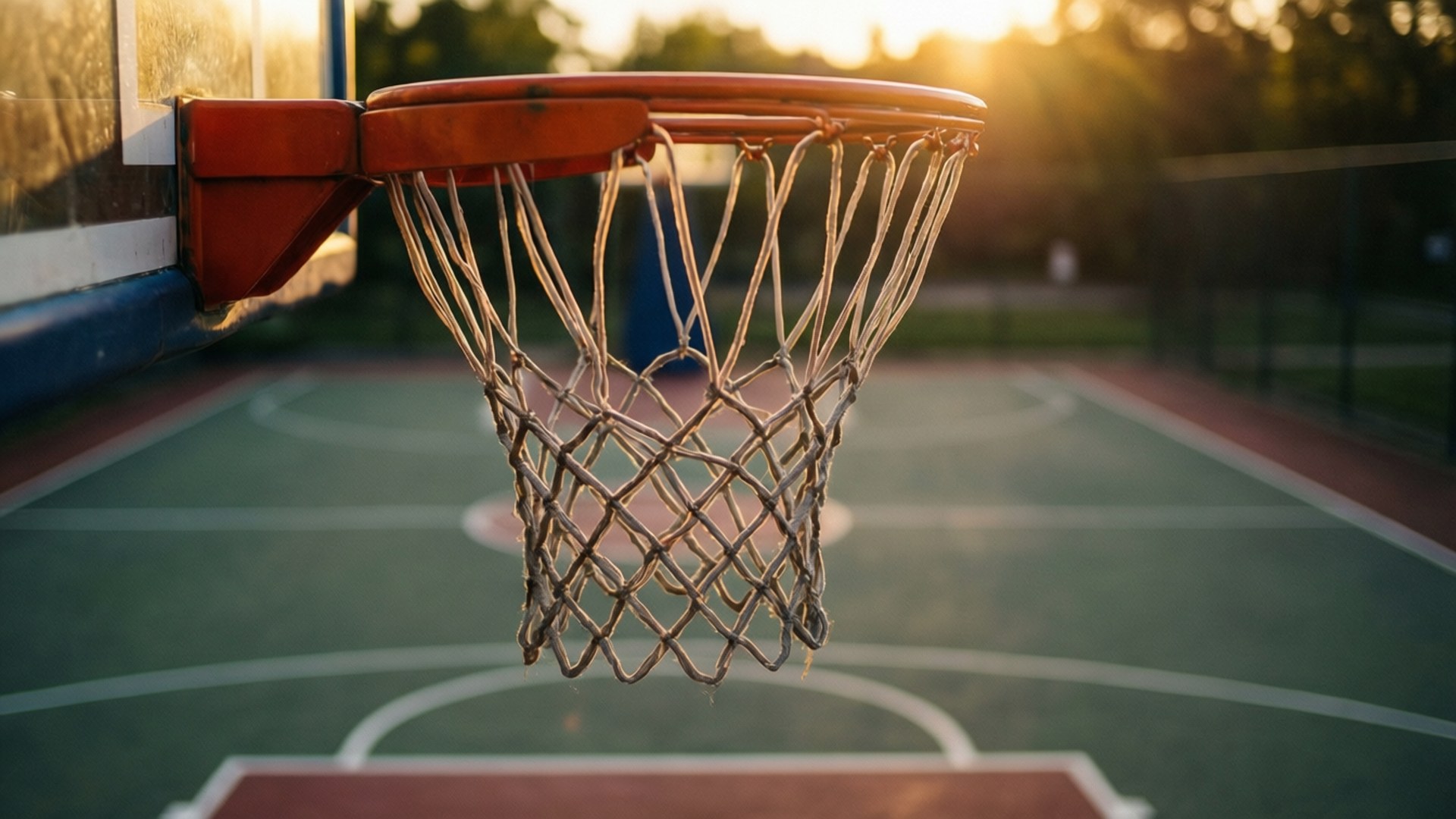 Primo piano della rete da basket con linee del campo in caldi colori del tramonto, nostalgico.