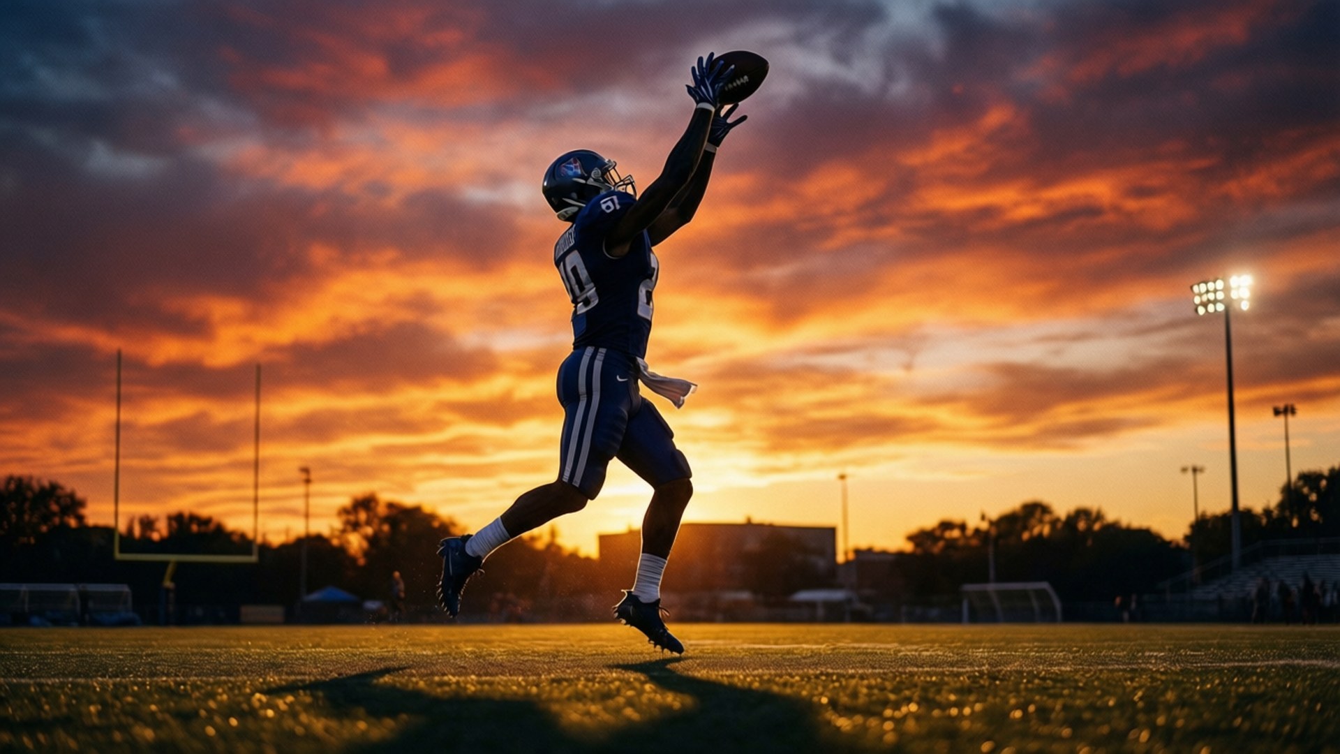 Silhouette of a Pro Bowl touchdown catch at sunset