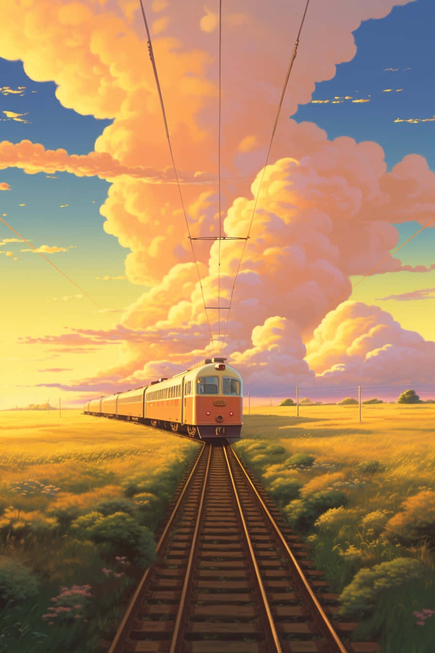 Zonsondergang Treinreis Ghibli Geïnspireerd Achtergrond