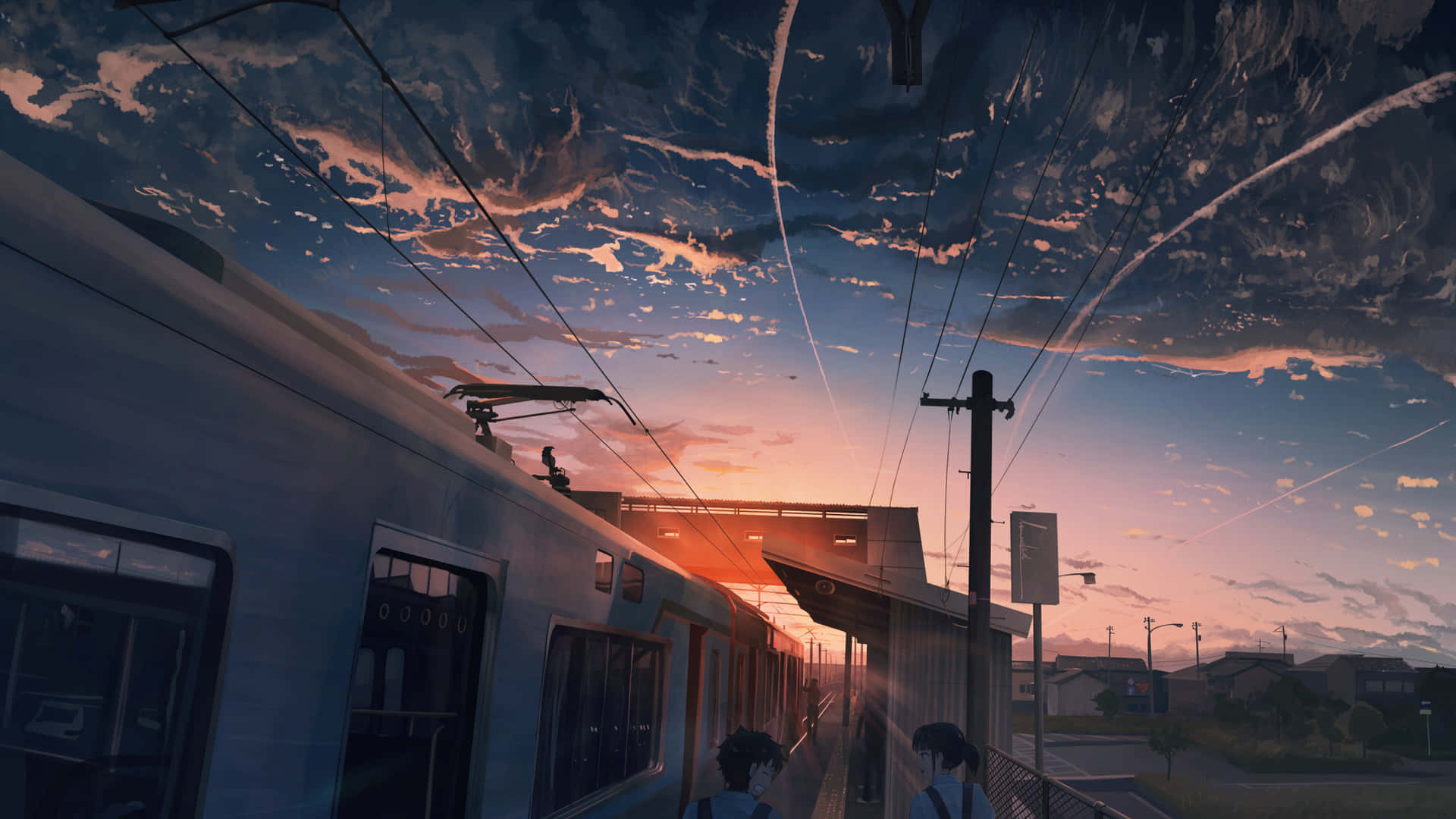 Sunset Train Station Anime Artwork Wallpaper