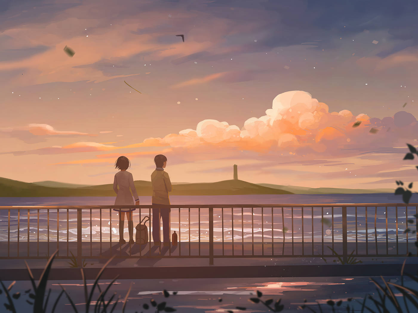 Ästhetischesanime-paar Mit Sonnenuntergang Im Hintergrund Wallpaper