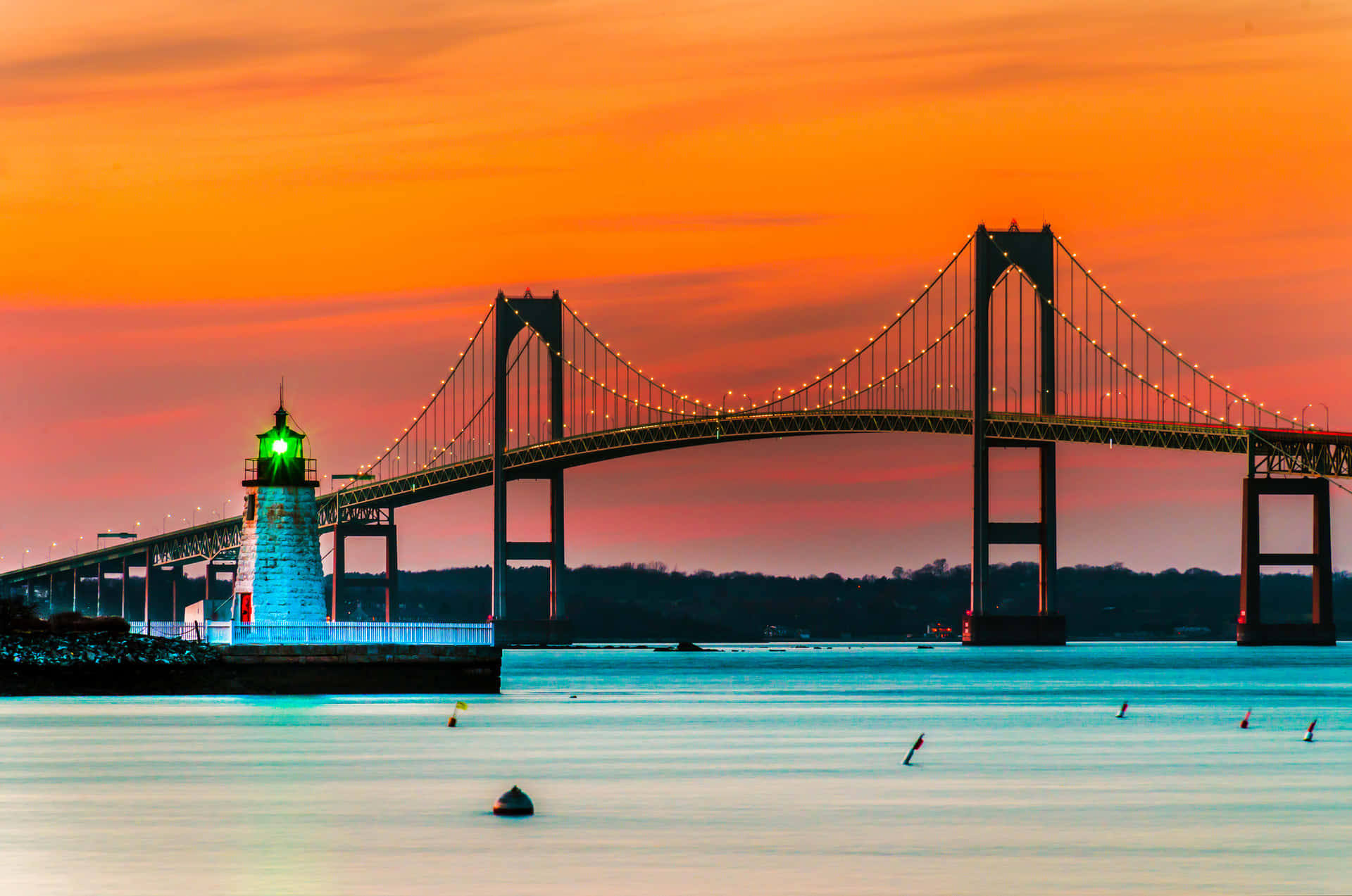 Sunset View Newport Bridge Lighthouse Wallpaper