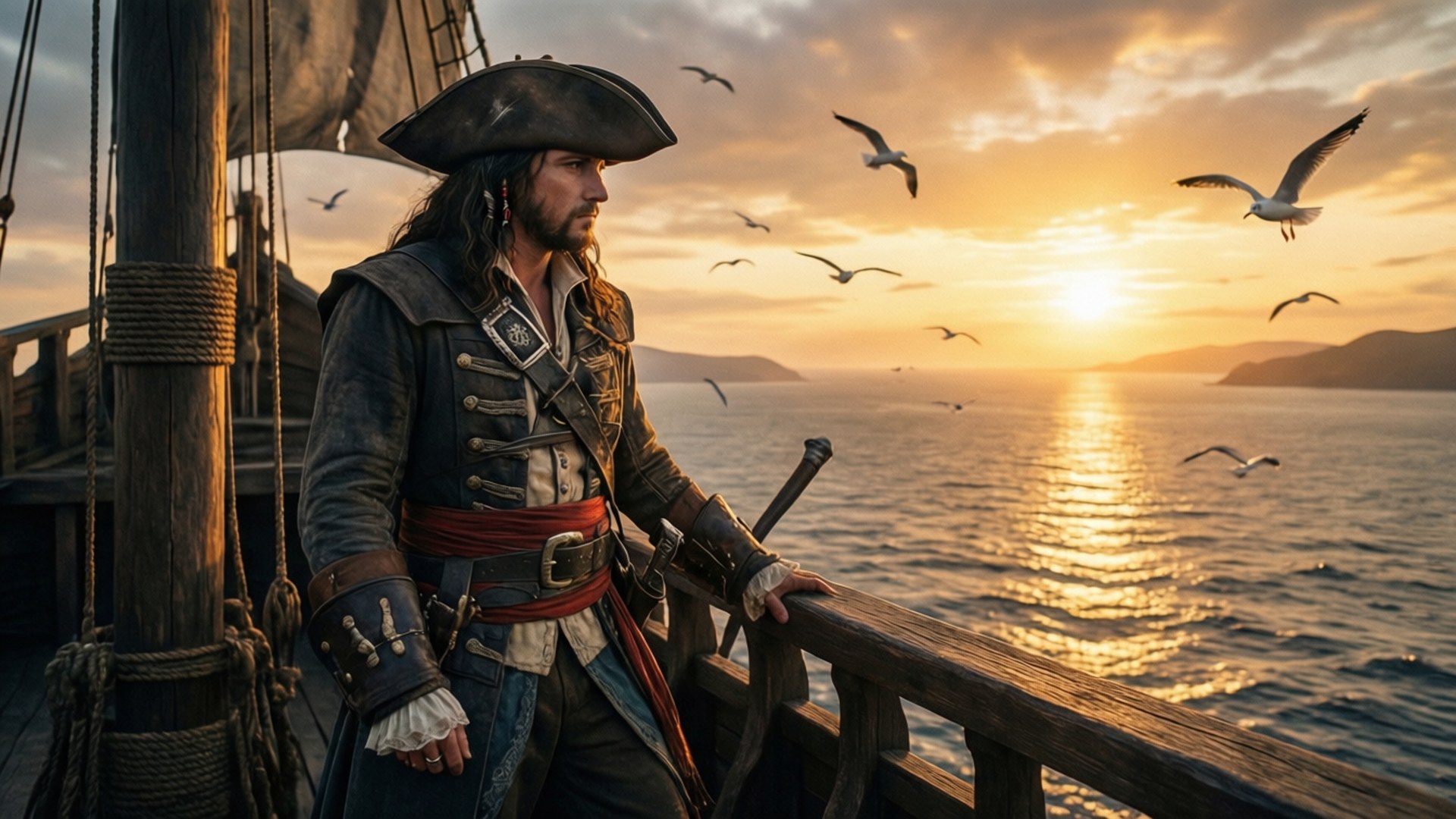 Solnedgangsvagt Wallpapers — Edward Kenway ser solnedgangen fra Jackdaws kragebo.