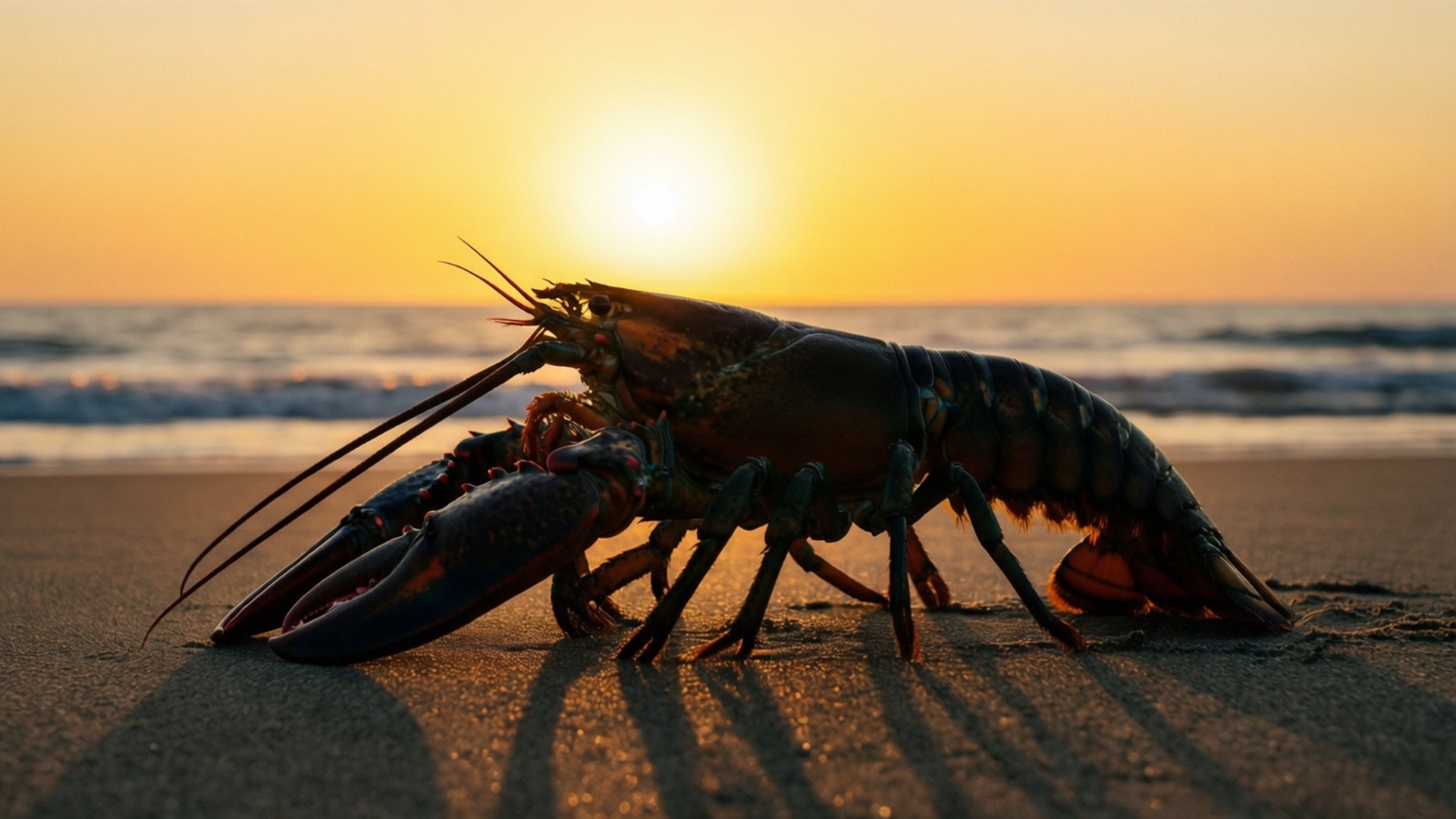 Lobster on beach at sunset with ocean waves wallpaper