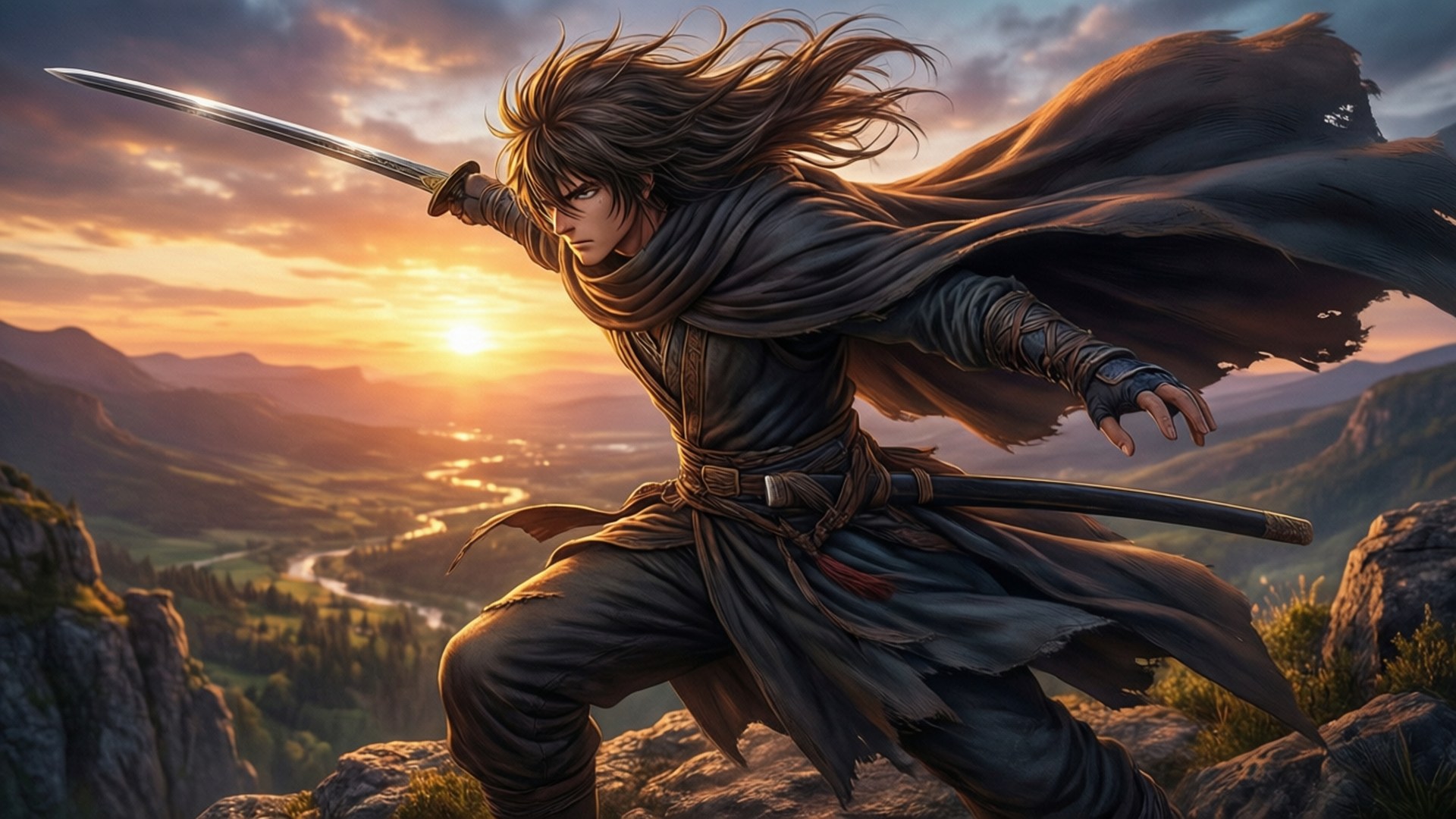 Anime hero with sword at sunset cliff, epic fantasy wallpaper.