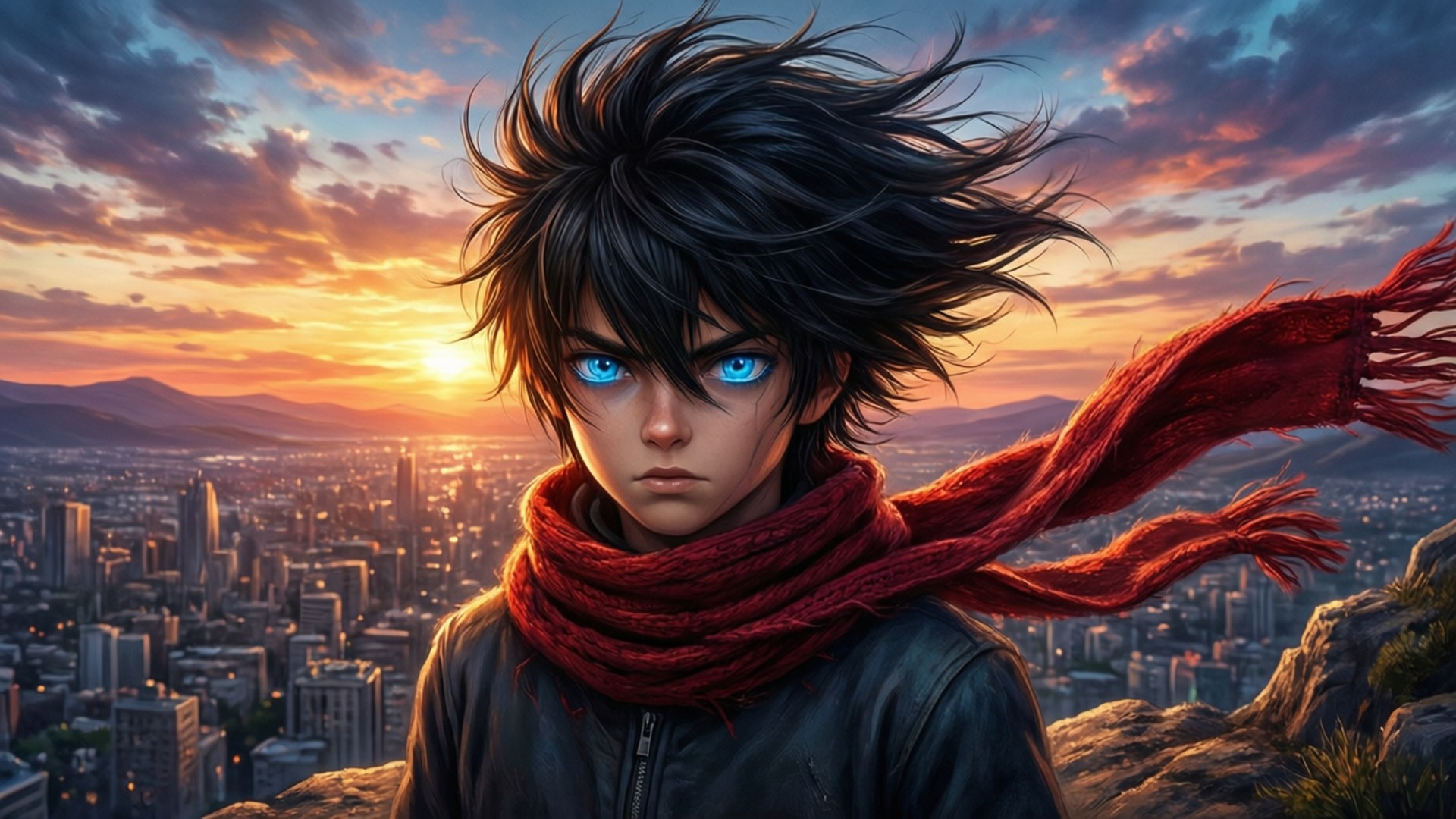 En anime-gutt med strittende svart hår står på en klippe ved solnedgang og ser ut over en by.