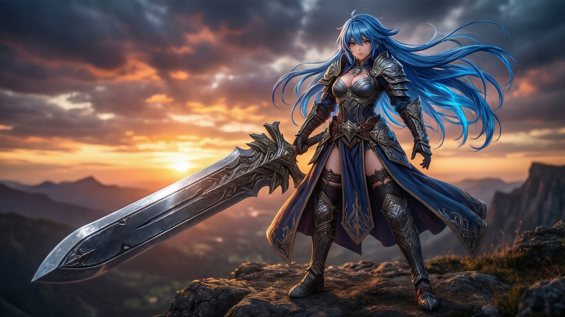 Ryuzu Meyer posing dramatically on a cliff at sunset with her sword.
