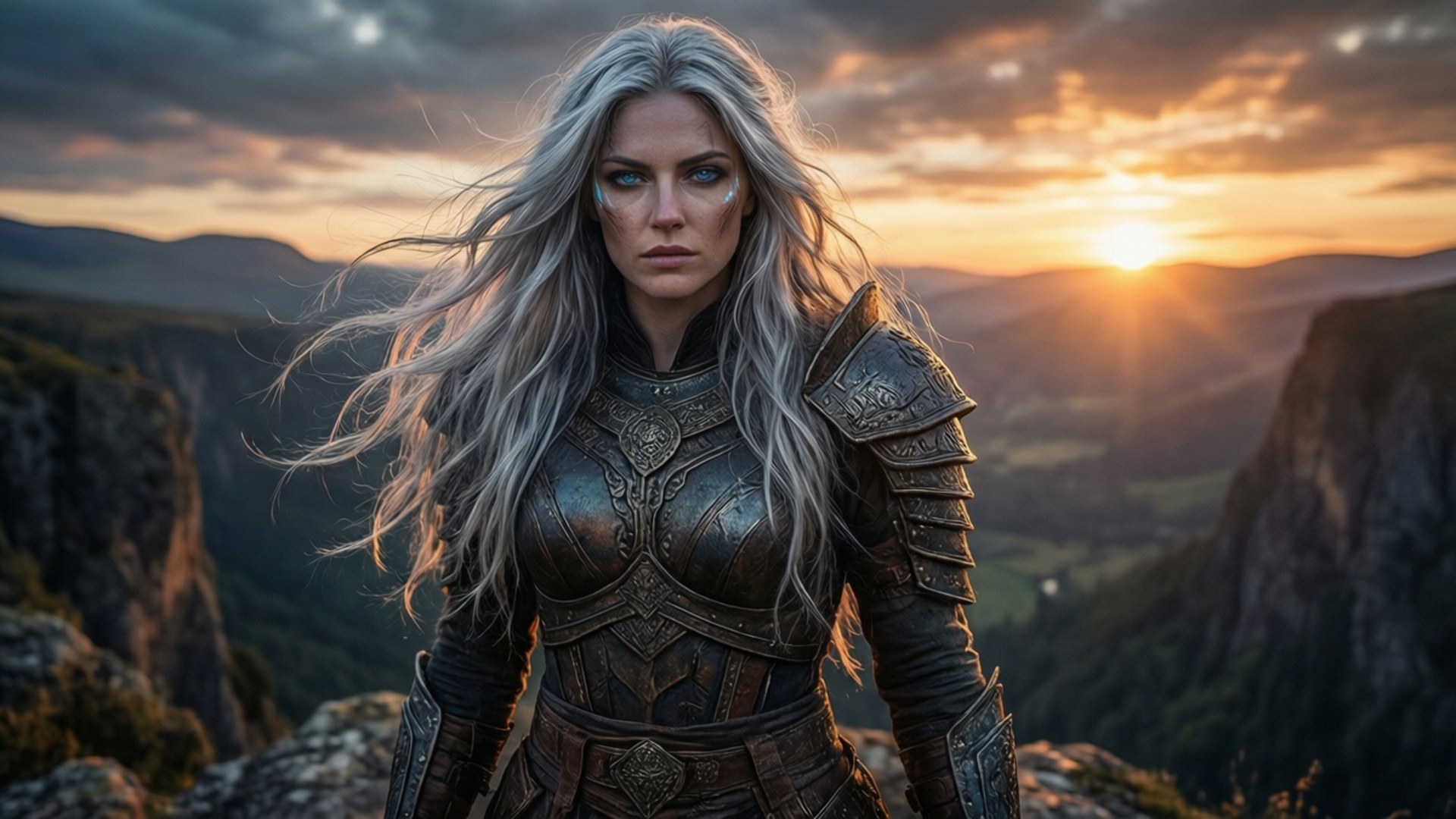 A silver-haired warrior in detailed armor stands on a cliff at sunset overlooking a mountain valley.