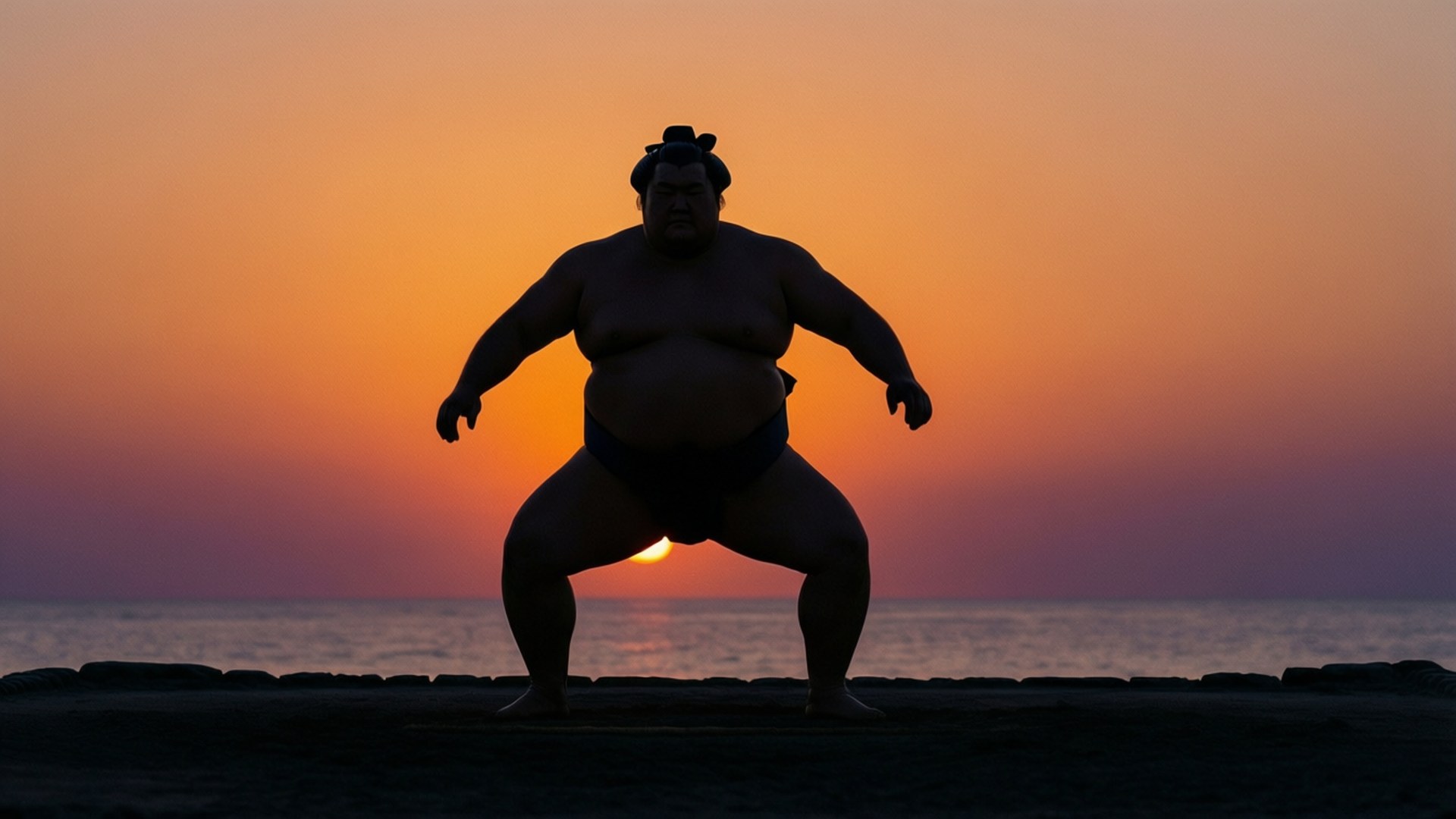Sumo wrestler silhouette at sunset