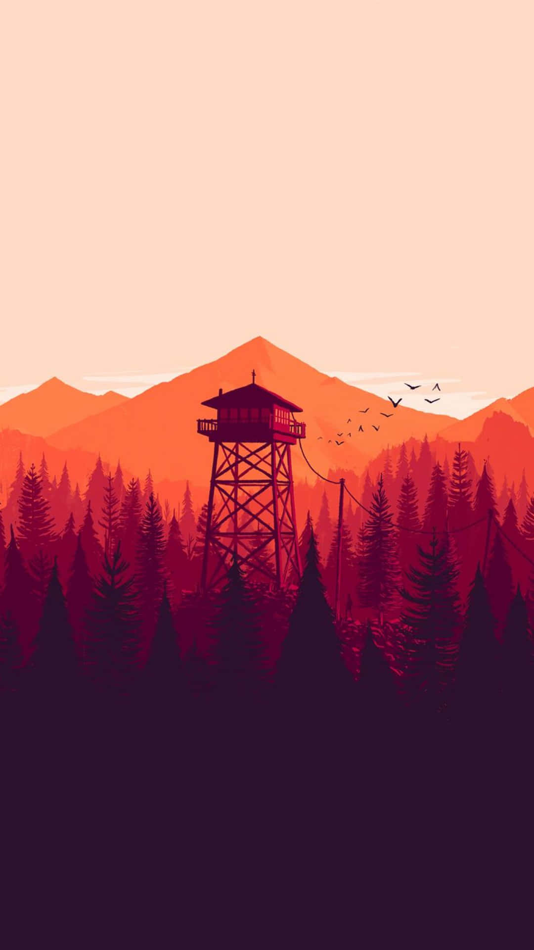 Sunset Watchtower Forest Landscape Wallpaper