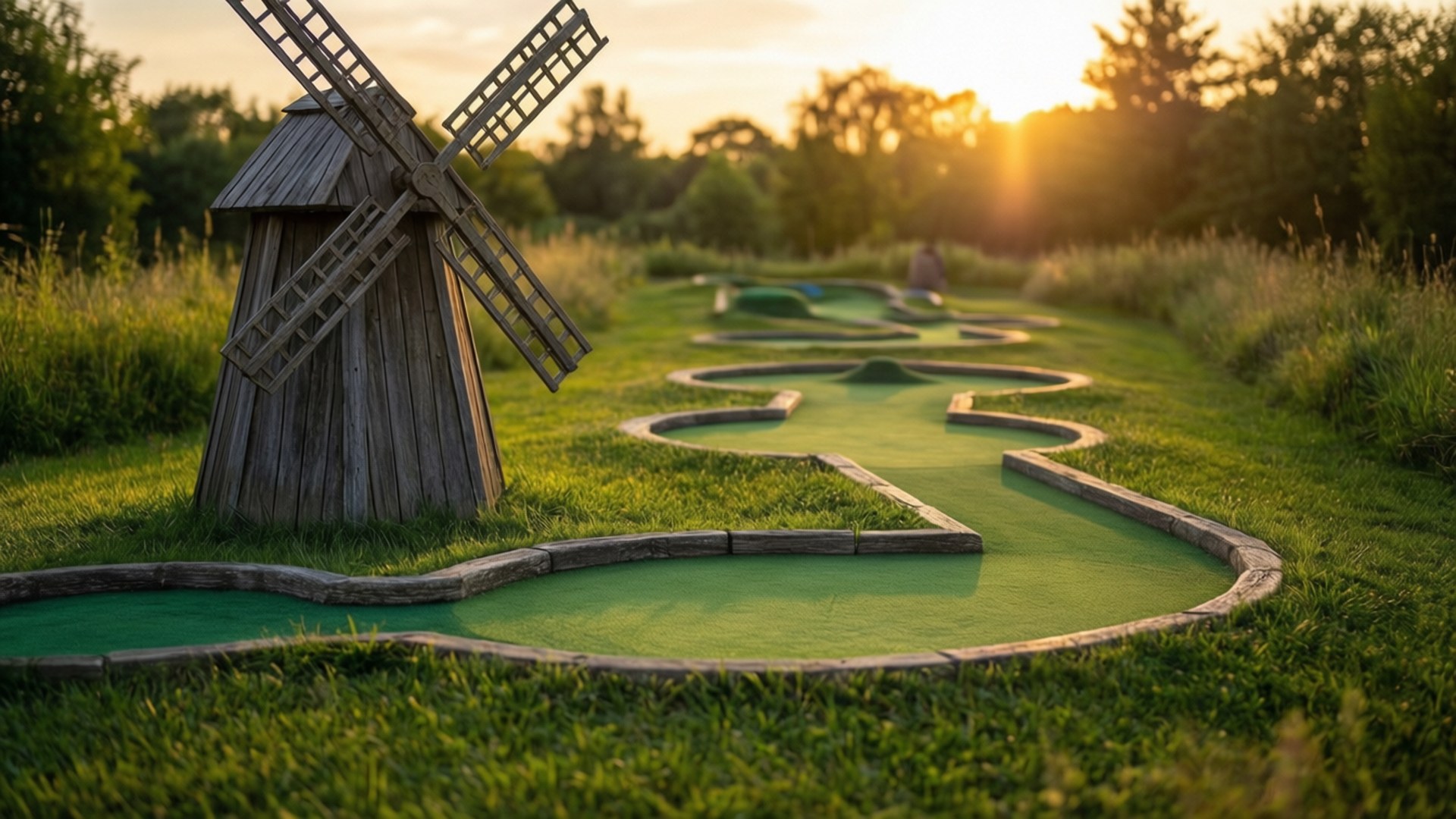 A photorealistic mini golf course with a windmill obstacle bathed in golden sunset light.