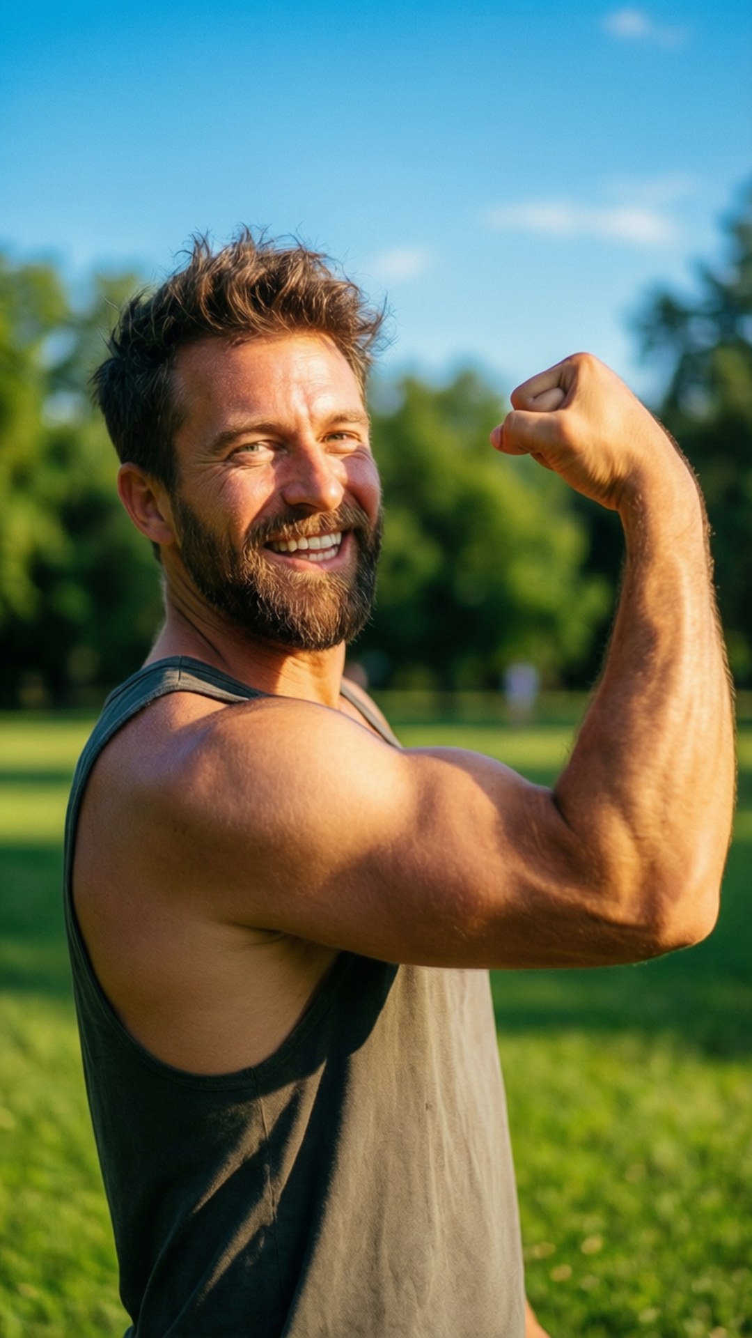 Sam Sulek nyder en solrig dag udendørs og viser sine muskler frem med et smil.